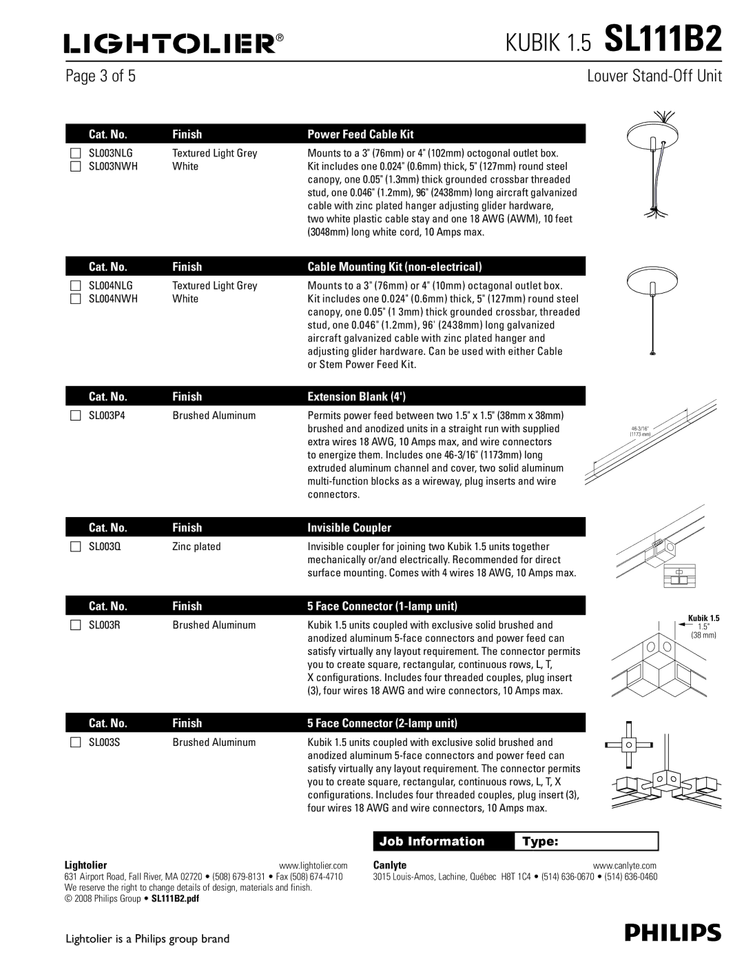 Lightolier SL111B2 dimensions Cat. No Finish Power Feed Cable Kit, Cat. No Finish Cable Mounting Kit non-electrical 