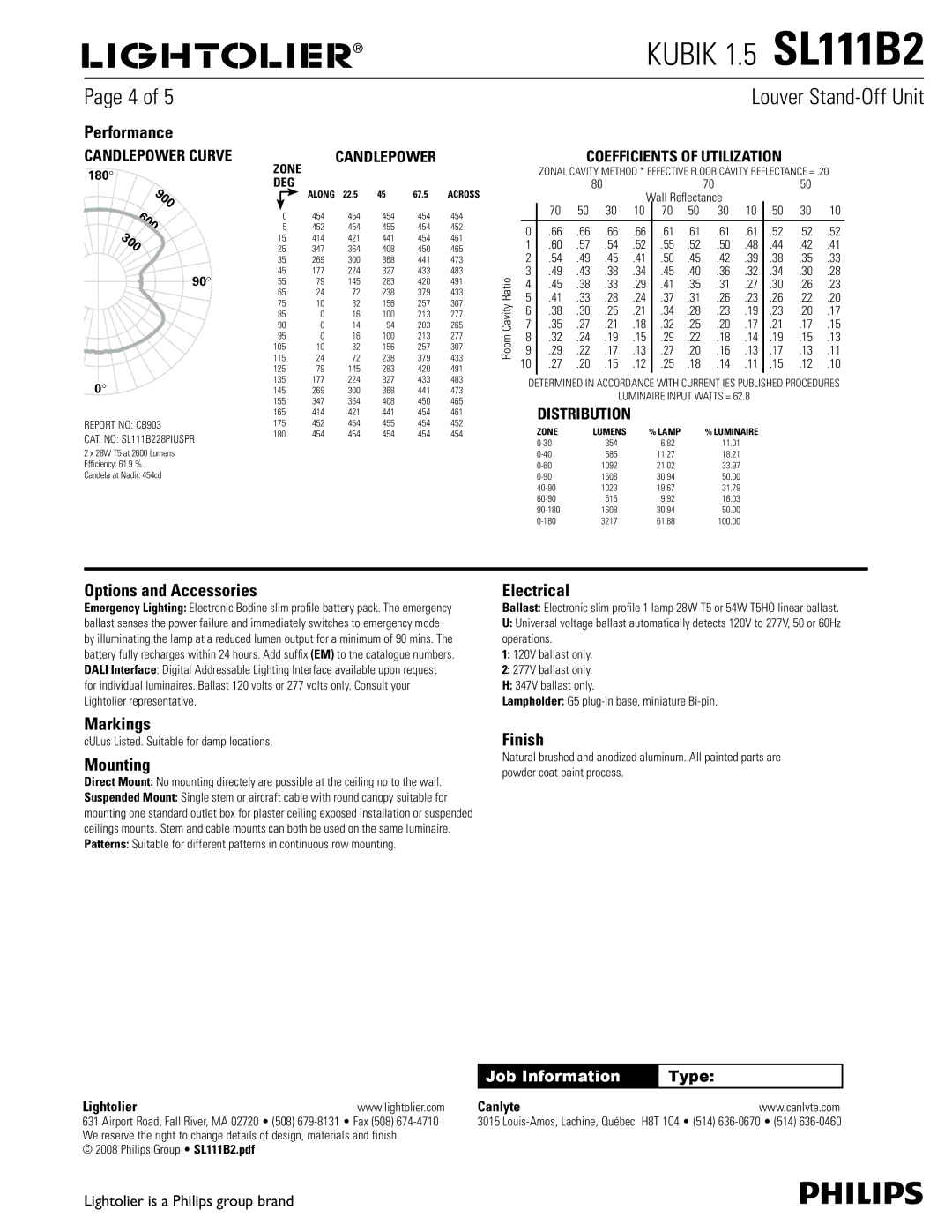 Lightolier SL111B2 dimensions Performance, 900, 600, 300, Options and Accessories, Markings, Mounting, Electrical, Finish 