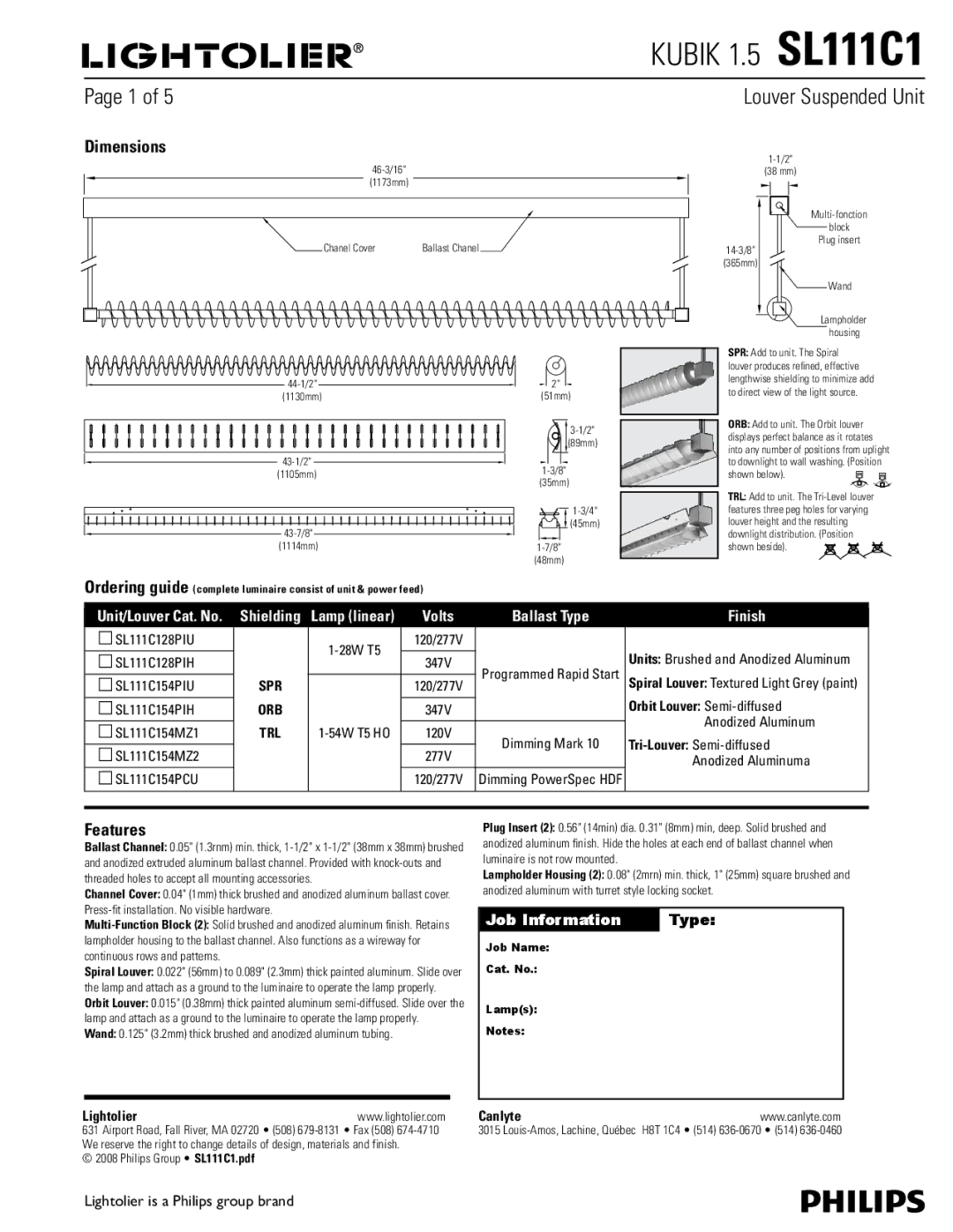 Lightolier SL111C1 dimensions Dimensions, Features, Volts Ballast Type, Finish, Job Information Type 