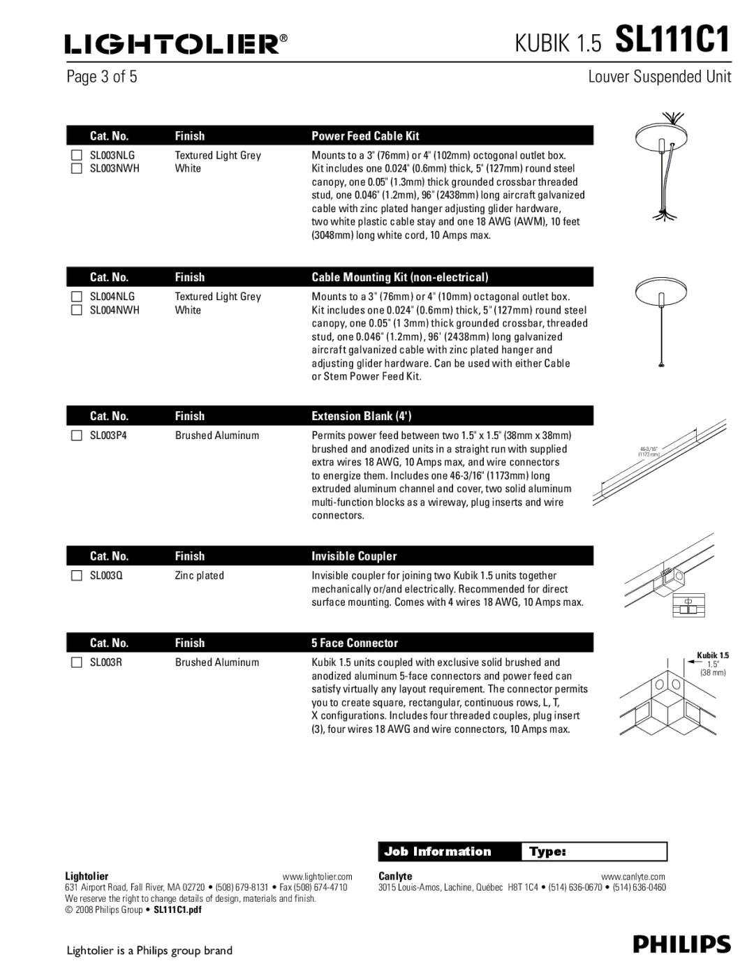 Lightolier SL111C1 dimensions Cat. No Finish Power Feed Cable Kit, Cat. No Finish Cable Mounting Kit non-electrical 