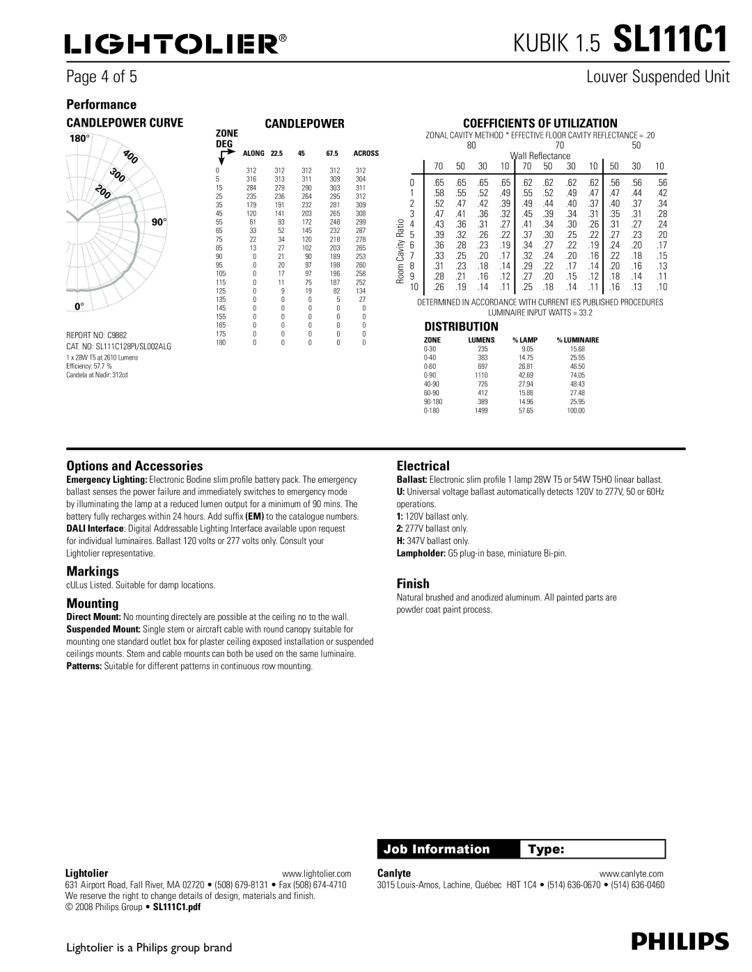 Lightolier SL111C1 dimensions Performance, 400, 300, 200, Options and Accessories, Markings, Mounting, Electrical, Finish 