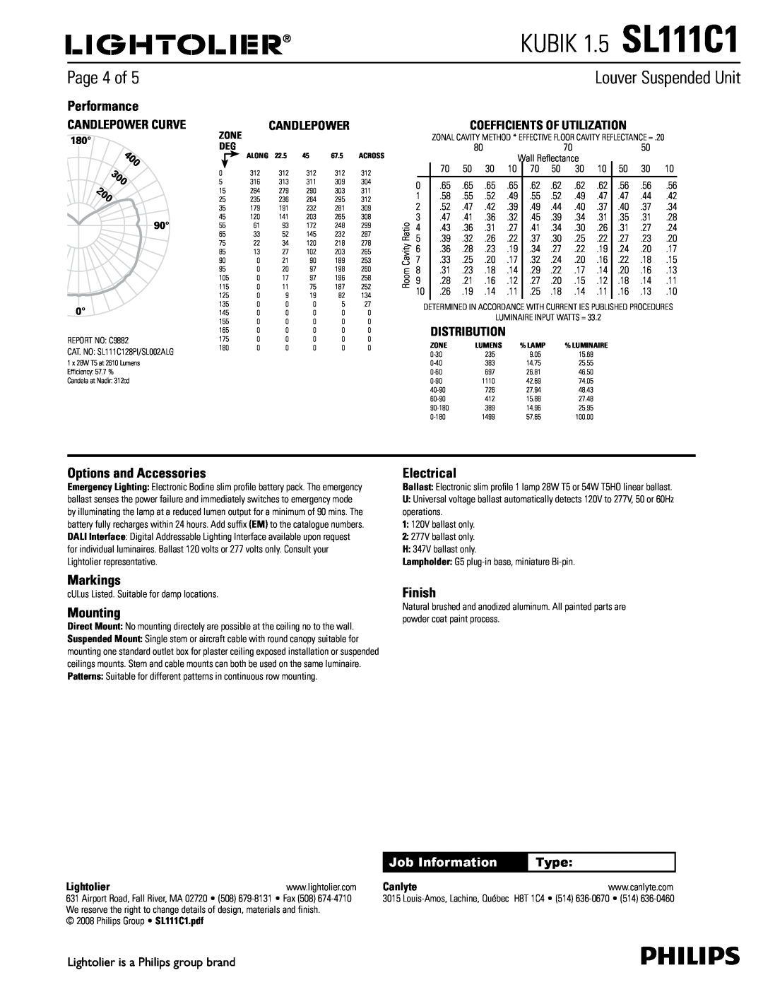 Lightolier KUBIK 1.5 SL111C1, Page 4 of, Performance, Options and Accessories, Markings, Mounting, Electrical, Finish 