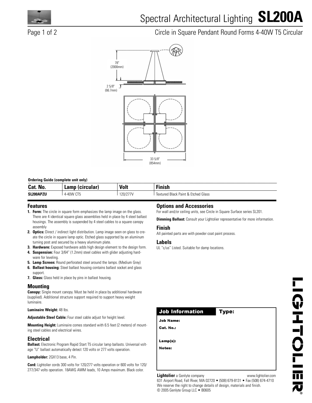 Lightolier SL200A manual Cat. No Lamp circular Volt Finish, Features, Options and Accessories, Labels, Mounting 