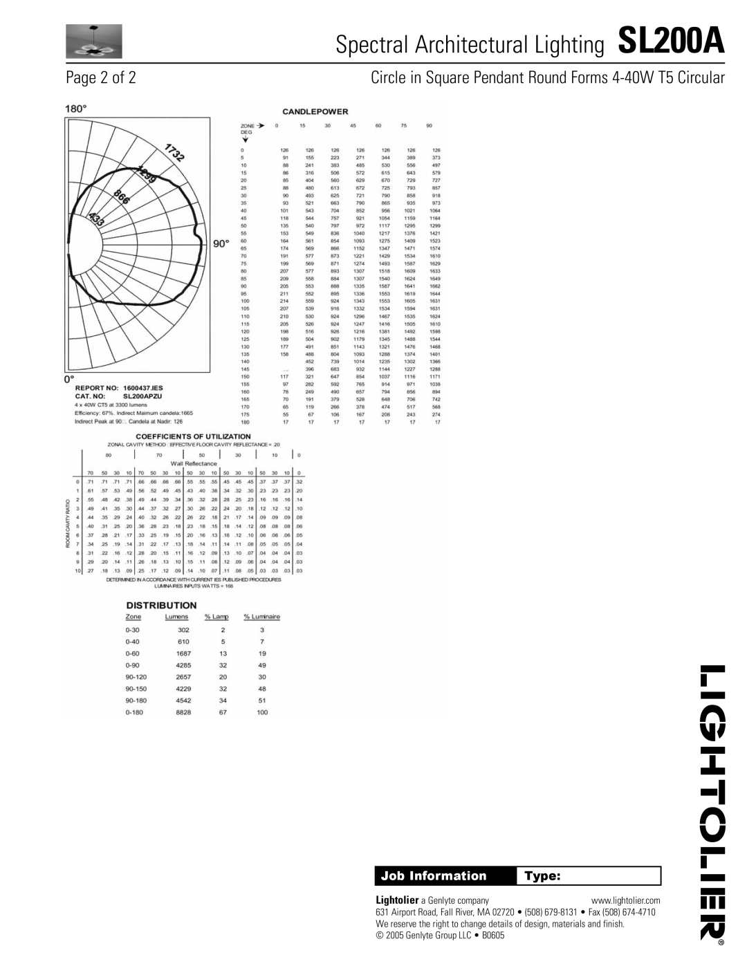 Lightolier SL200A manual Job Information 