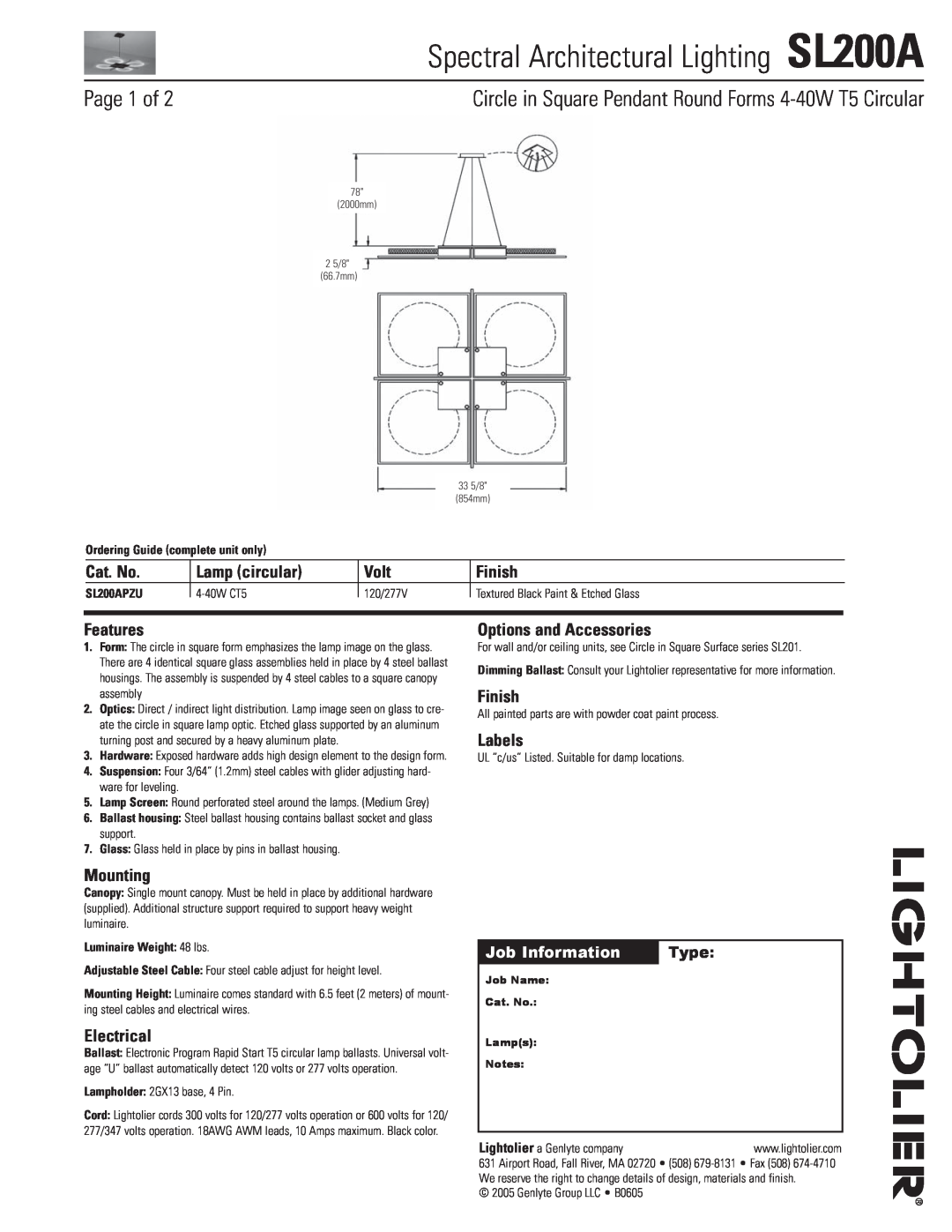Lightolier manual Spectral Architectural Lighting SL200A, Page 1 of, Cat. No, Lamp circular, Volt, Finish, Features 