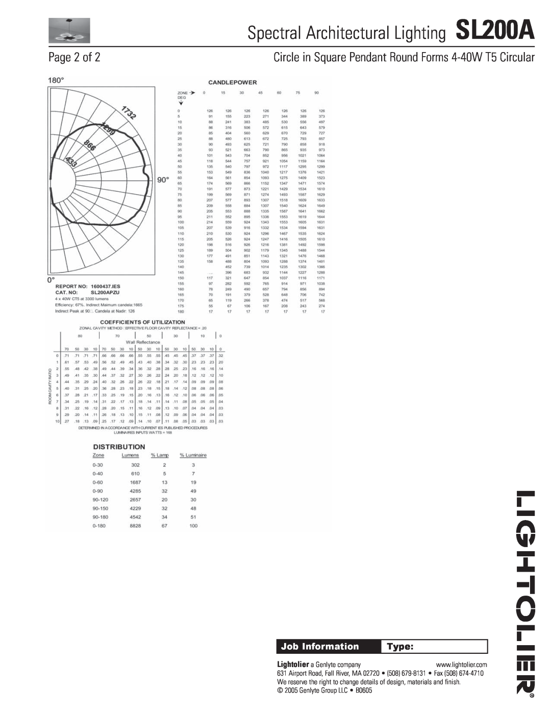 Lightolier manual Page 2 of, Spectral Architectural Lighting SL200A, Job Information, Type 