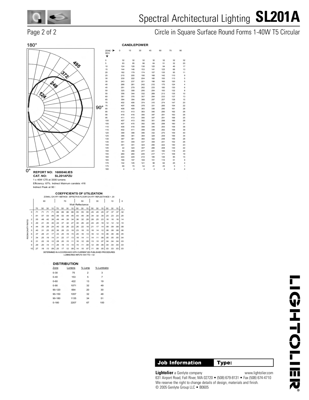 Lightolier SL201A manual Job Information, Type 