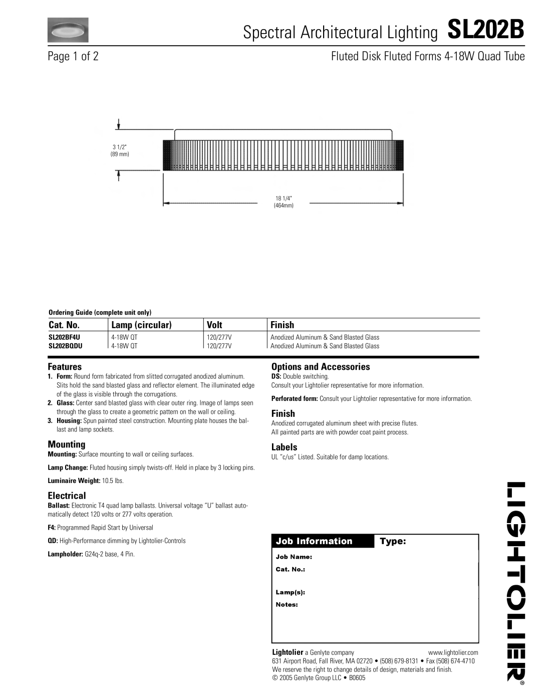 Lightolier SL202B manual Cat. No Lamp circular Volt Finish, Features, Options and Accessories, Mounting, Electrical 