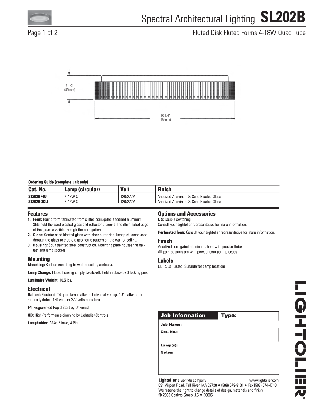 Lightolier manual Spectral Architectural Lighting SL202B, Page 1 of, Fluted Disk Fluted Forms 4-18WQuad Tube, Cat. No 