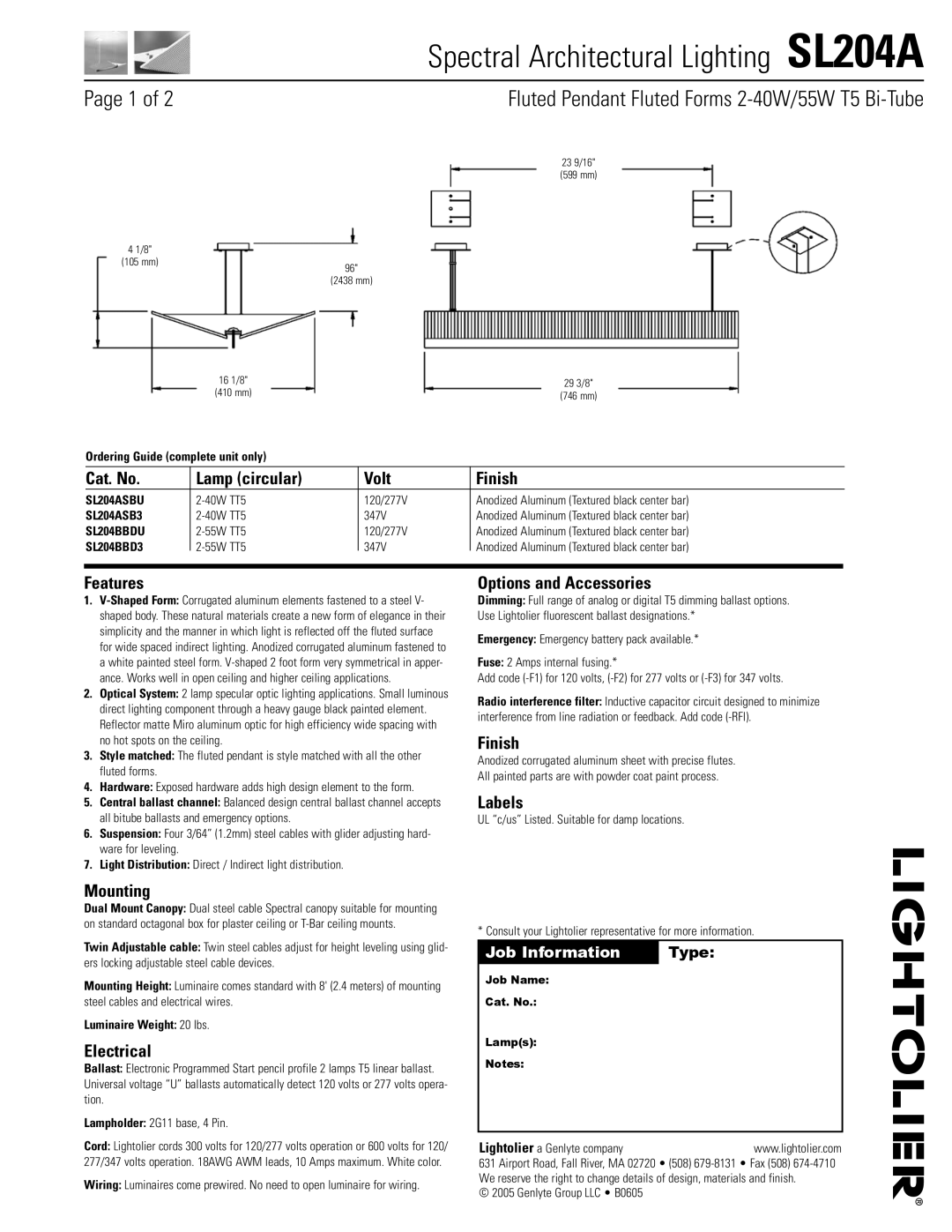 Lightolier SL204A manual Cat. No Lamp circular Volt Finish, Features, Mounting, Electrical, Options and Accessories 