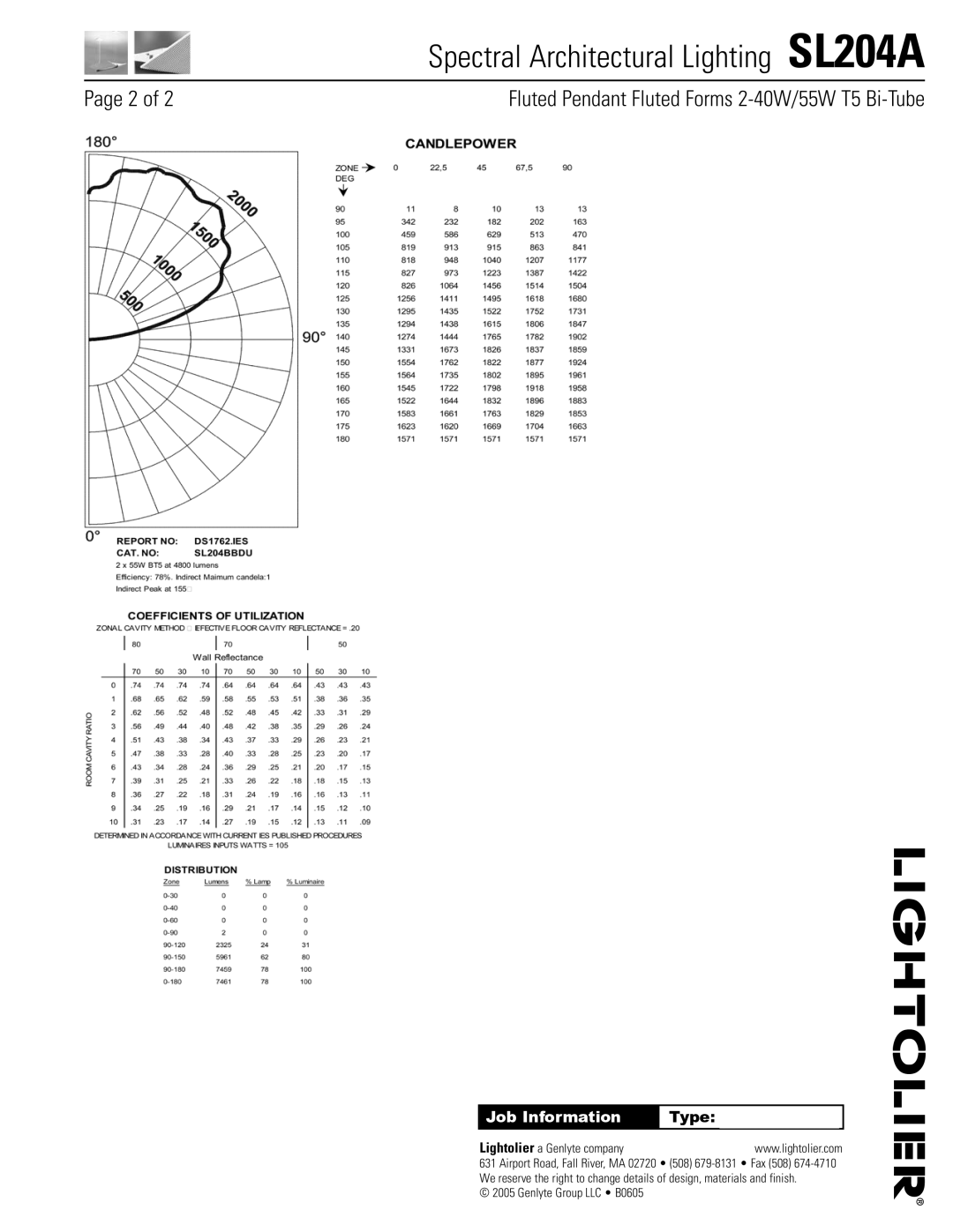 Lightolier SL204A manual Job Information 