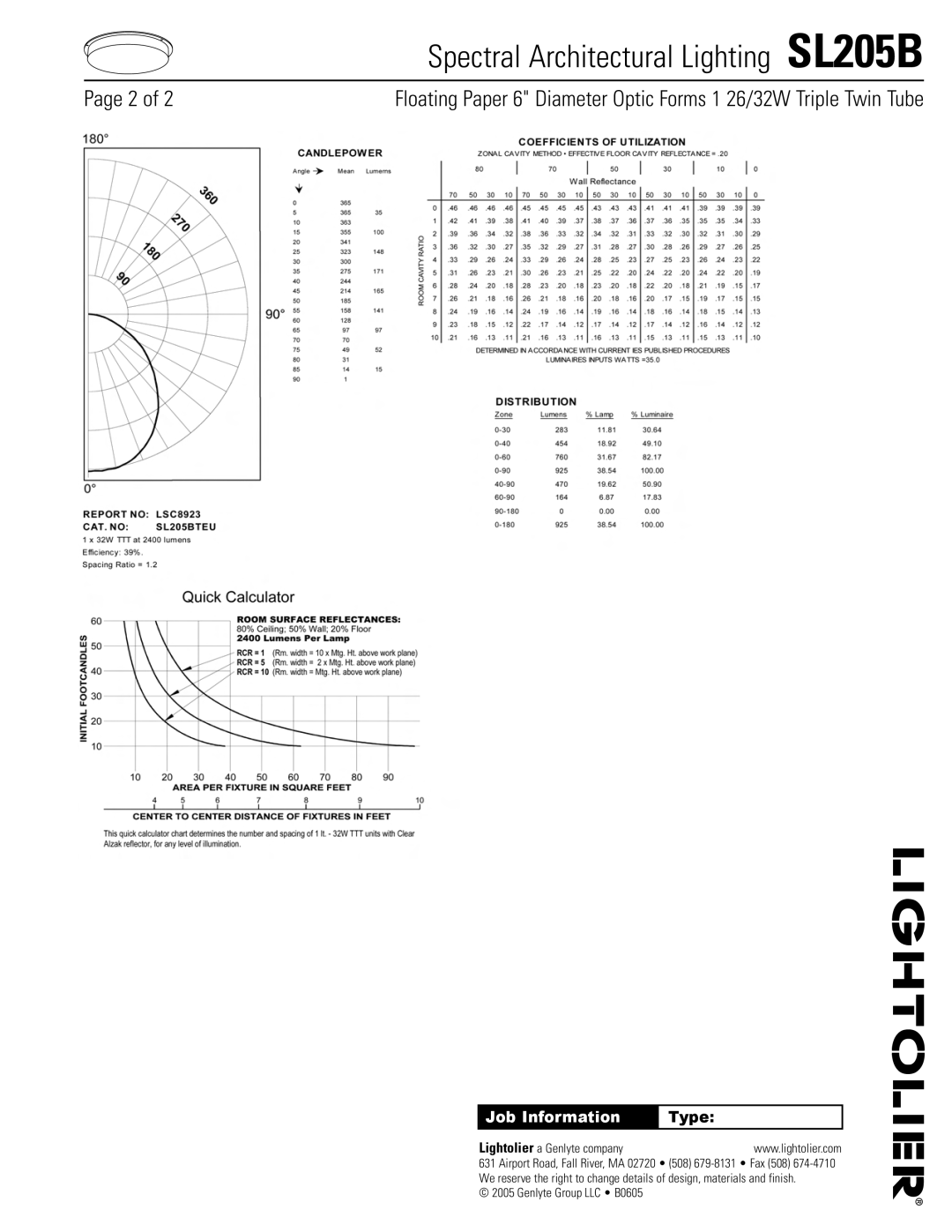 Lightolier SL205B manual Job Information, Type 