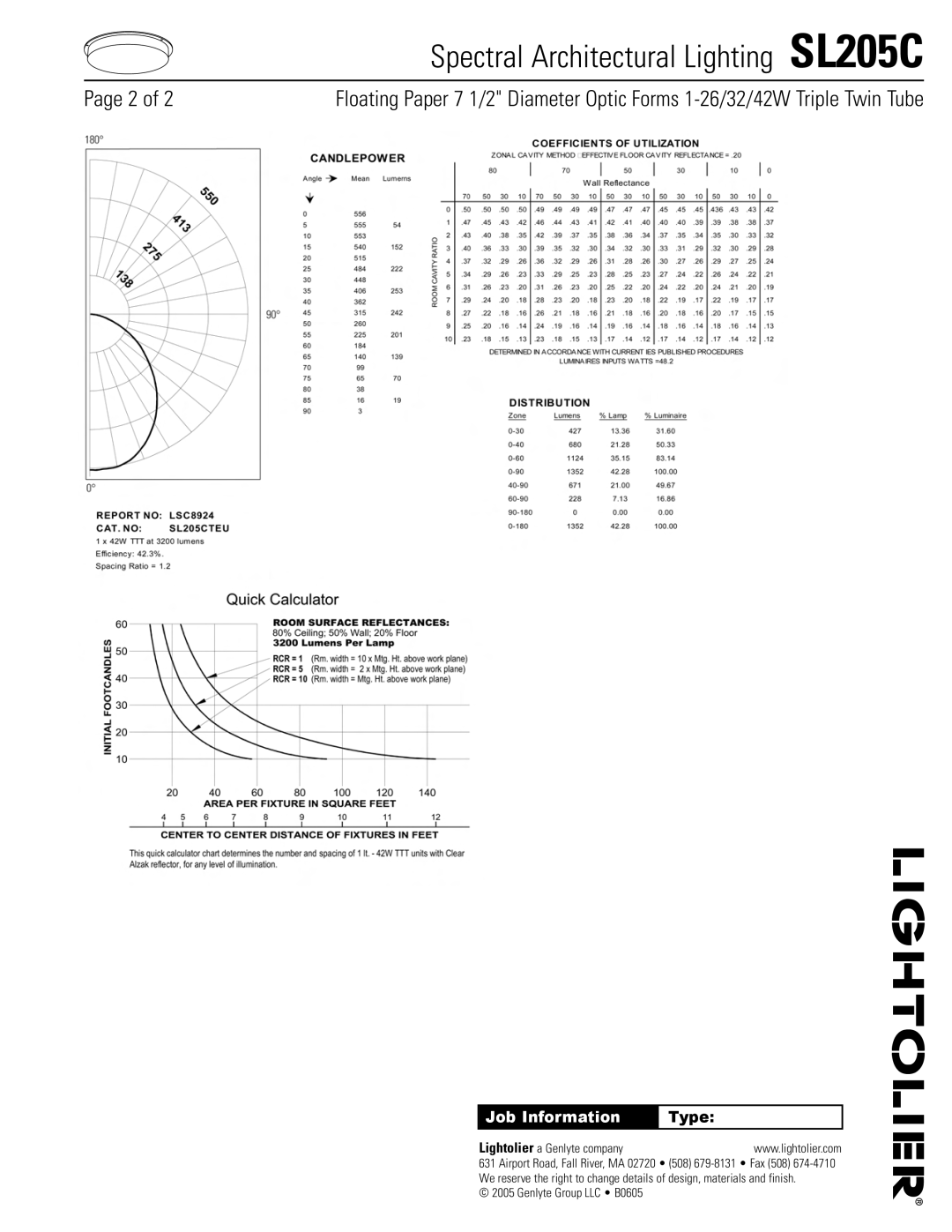 Lightolier SL205C manual Job Information, Type 