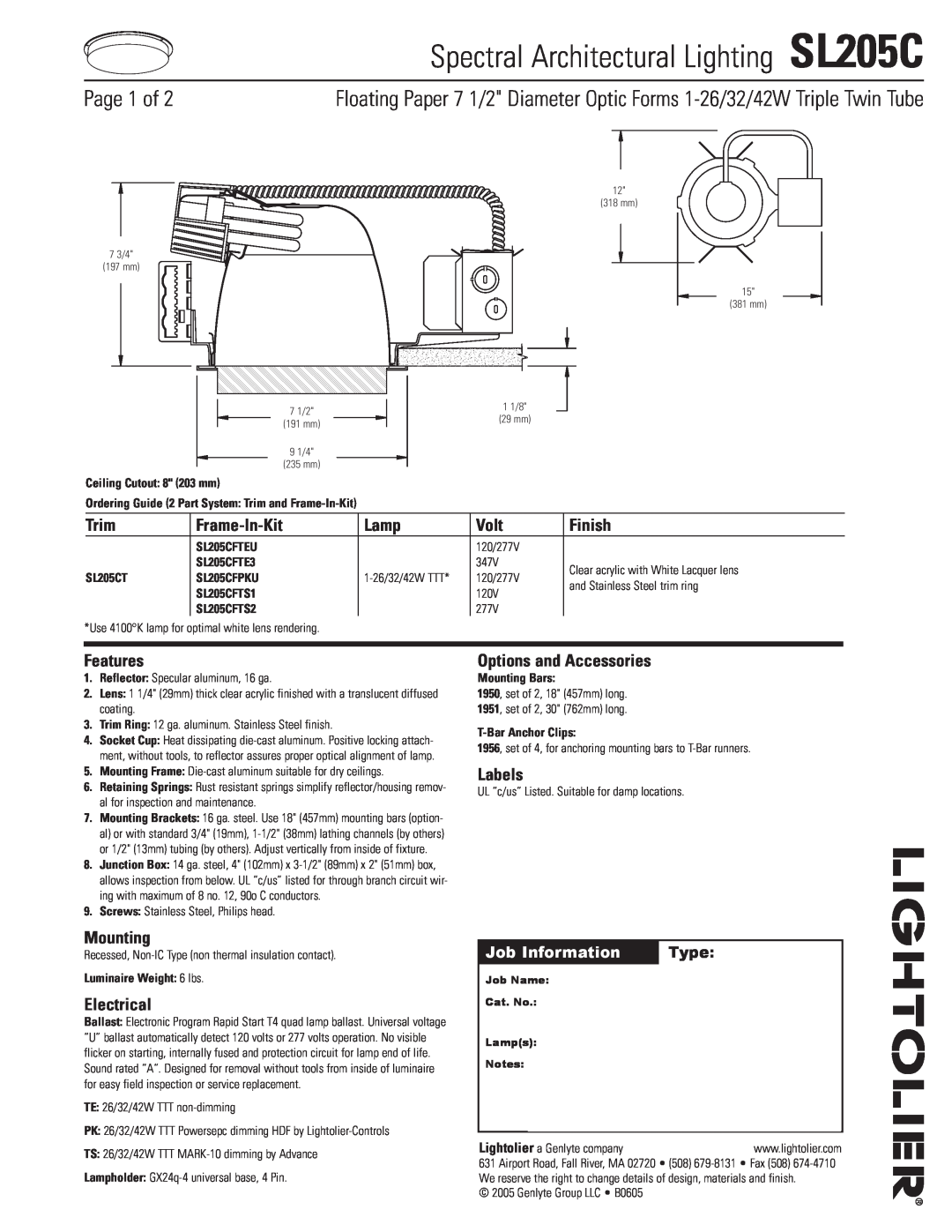 Lightolier manual Spectral Architectural Lighting SL205C, Page 1 of, Trim, Frame-In-Kit, Lamp, Volt, Finish, Features 