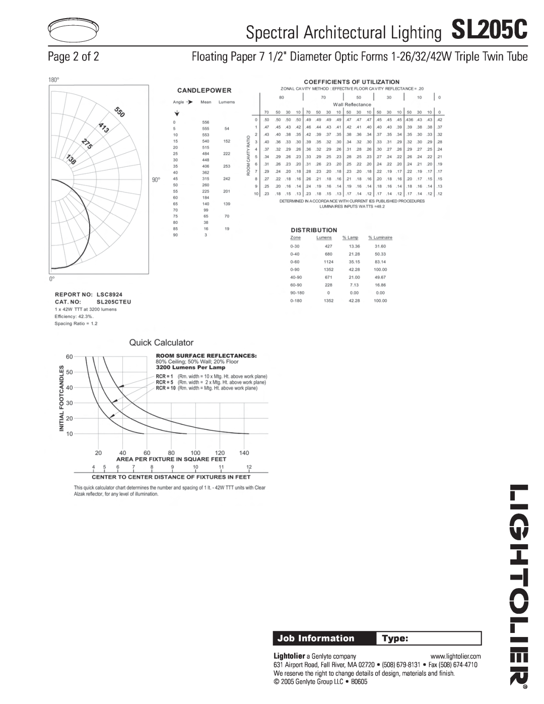 Lightolier manual Page 2 of, Spectral Architectural Lighting SL205C, Job Information, Type 