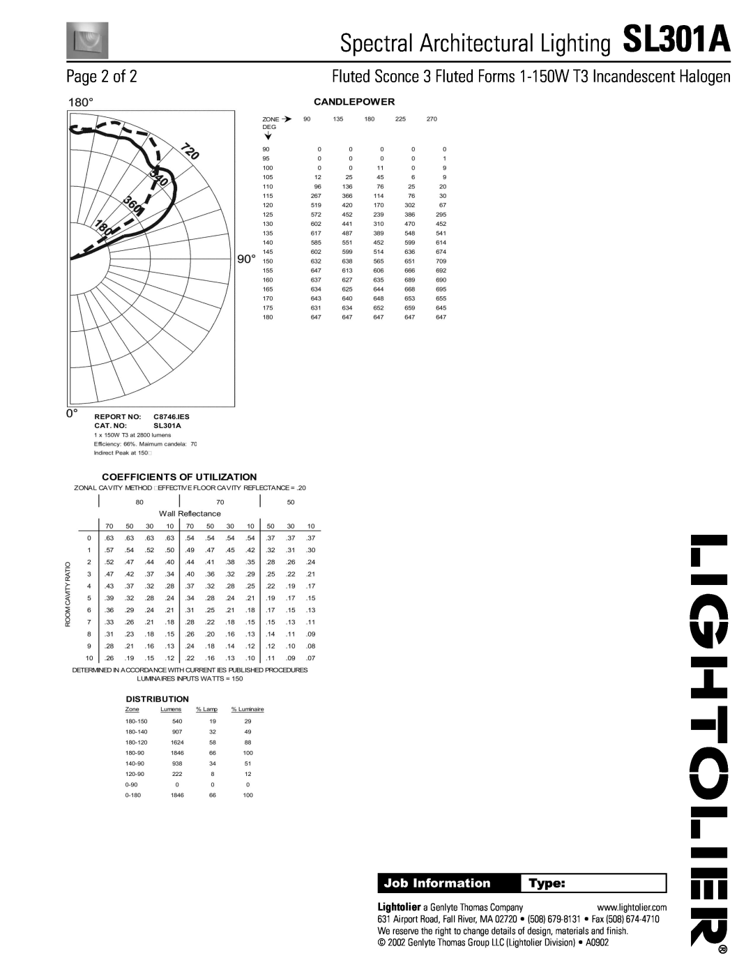 Lightolier manual Page 2 of, Spectral Architectural Lighting SL301A, Job Information, Type 