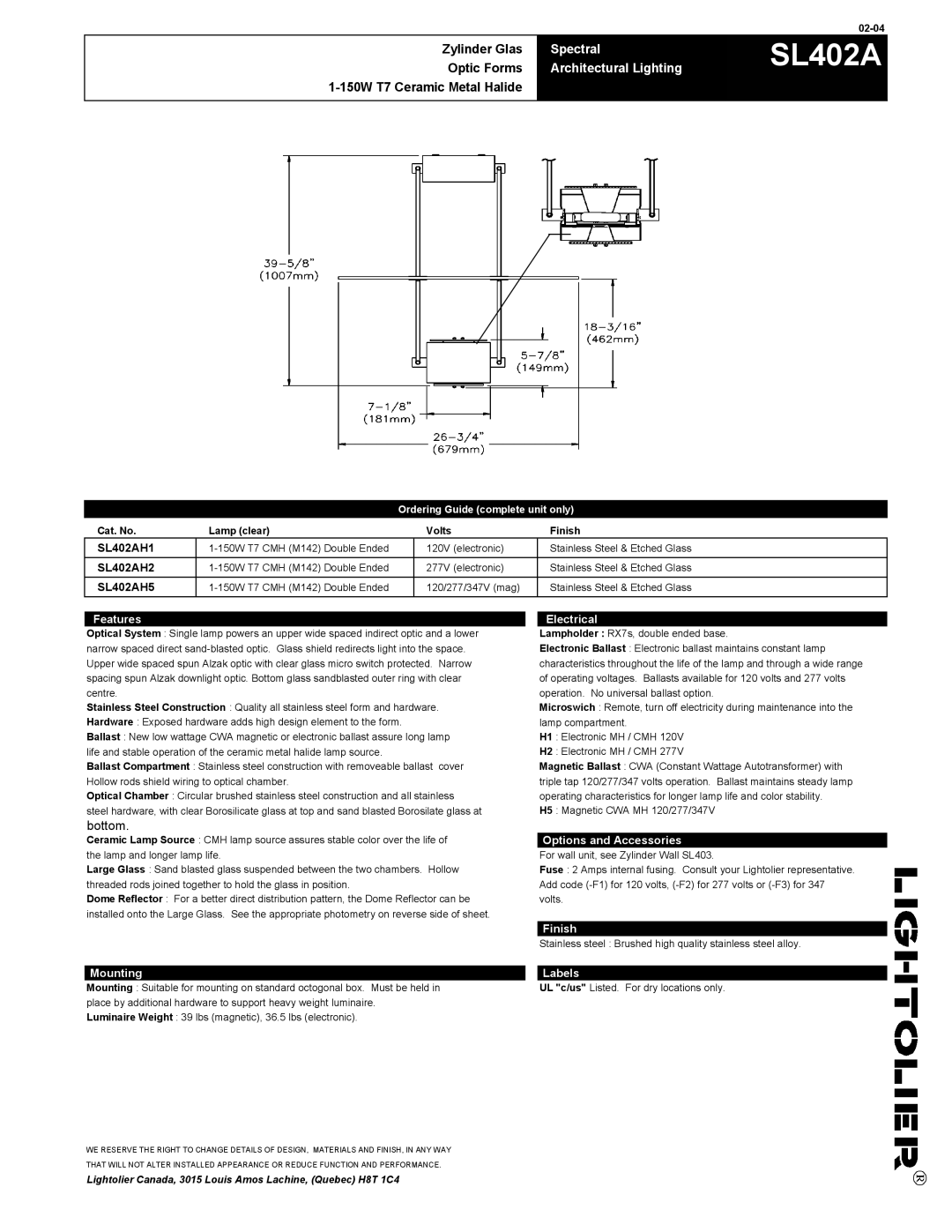 Lightolier SL402A manual Features, Electrical, Options and Accessories, Finish, Mounting Labels 