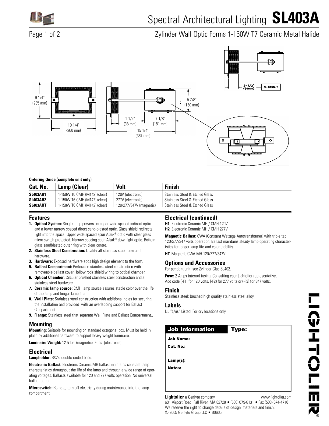 Lightolier SL403A manual Cat. No Lamp Clear Volt Finish, Features, Mounting, Electrical, Options and Accessories, Labels 