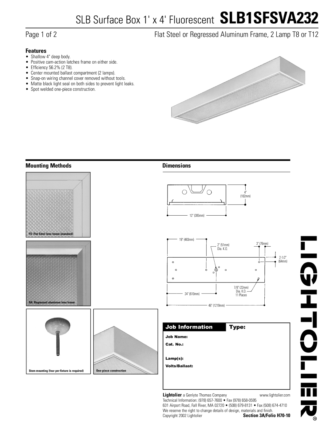 Lightolier SLB1SFSVA232 dimensions Features, Mounting Methods Dimensions 