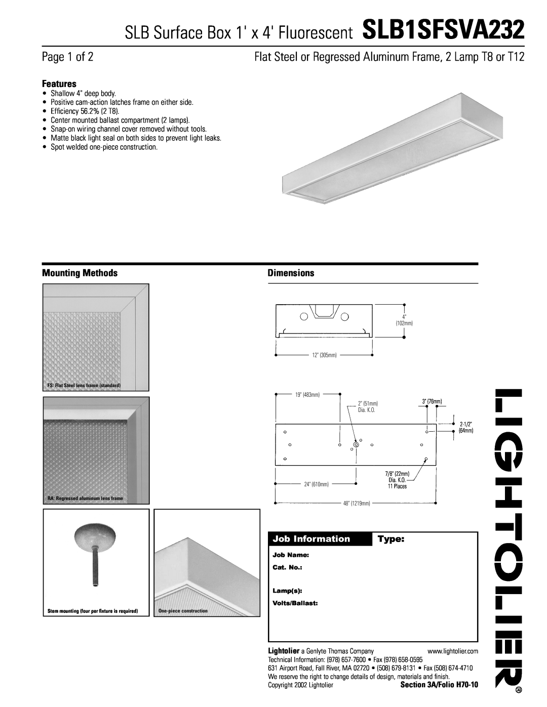 Lightolier dimensions SLB Surface Box 1 x 4 Fluorescent SLB1SFSVA232, Page 1 of, Features, Mounting Methods, Dimensions 