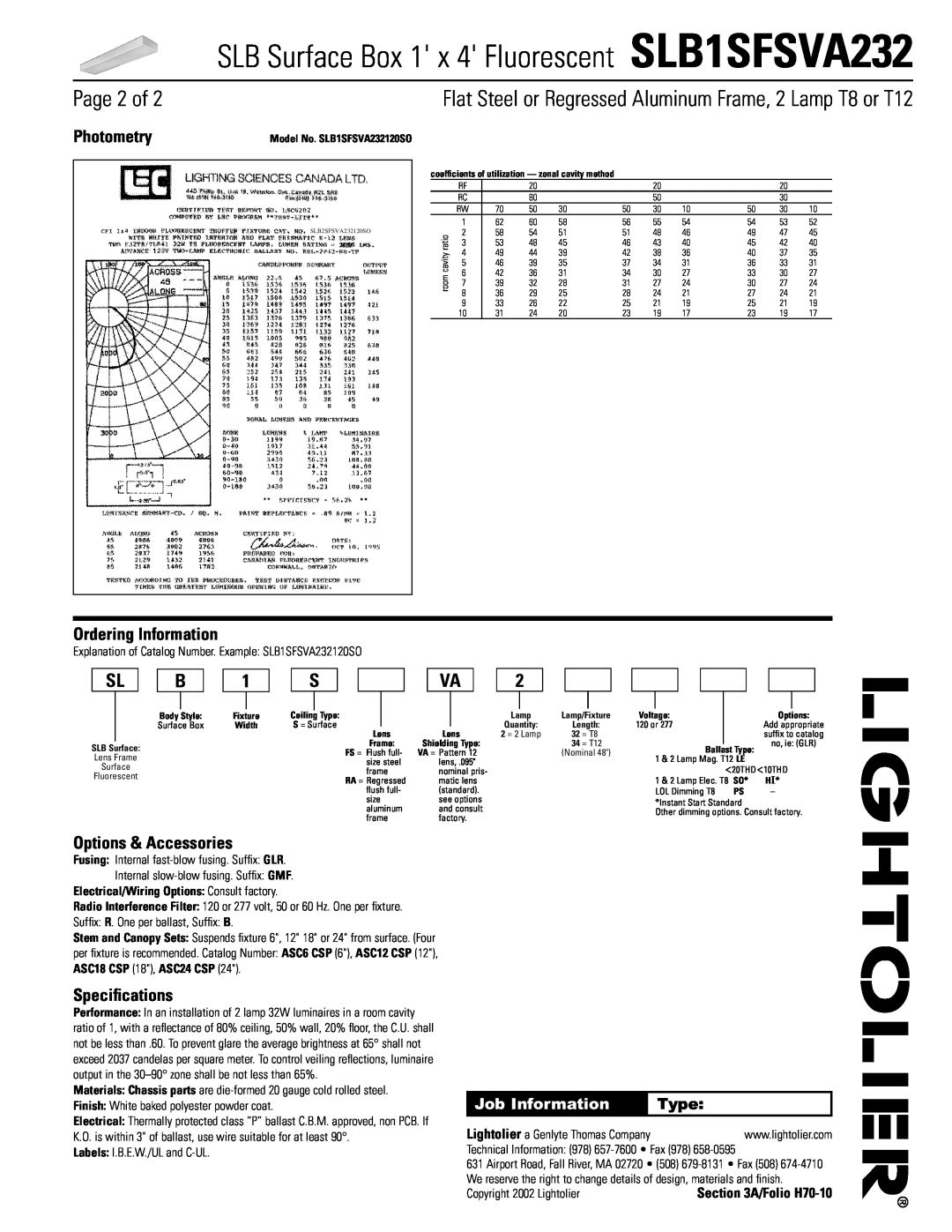 Lightolier SLB1SFSVA232 Page 2 of, Photometry, Ordering Information, Options & Accessories, Speciﬁcations, Job Information 