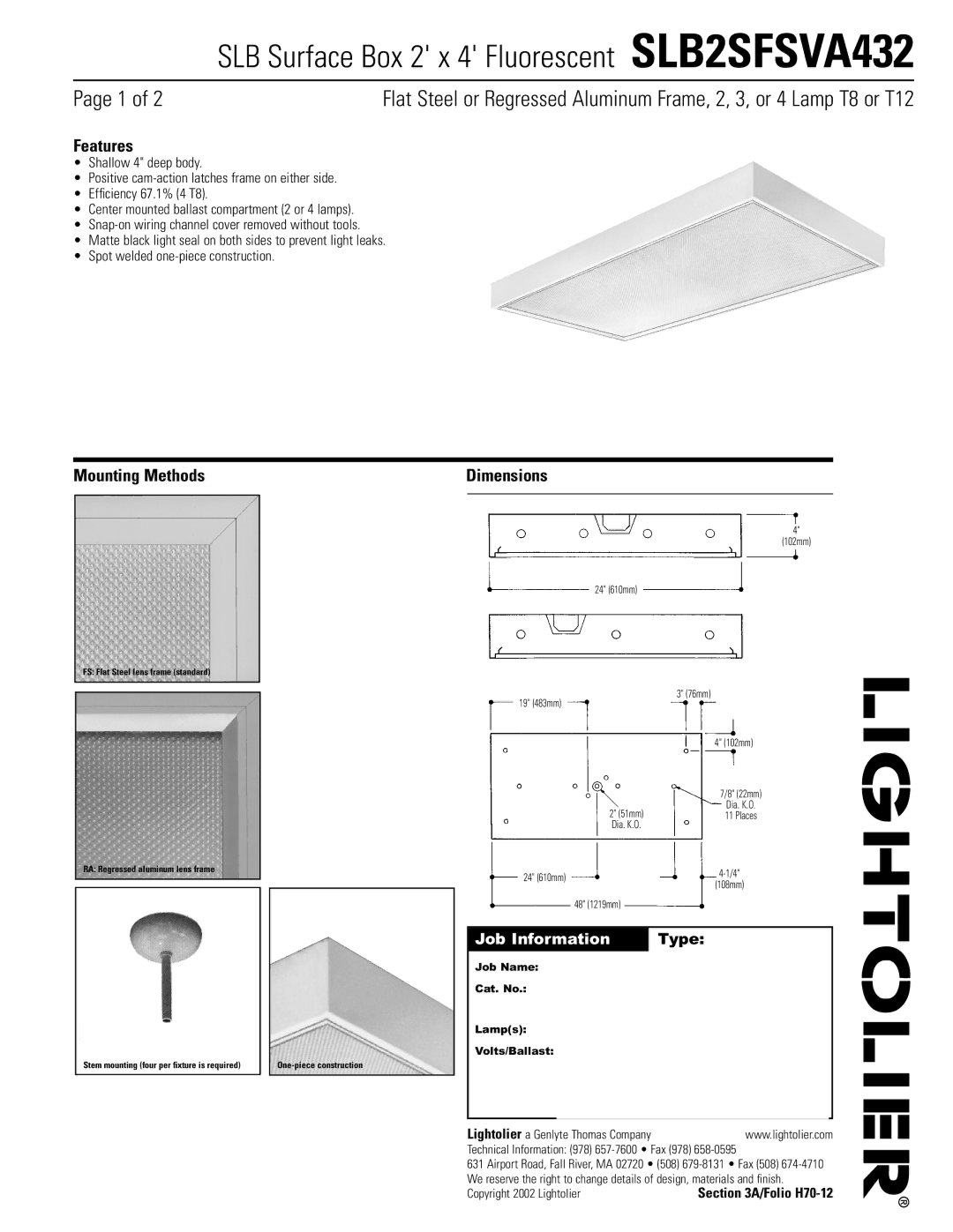 Lightolier SLB2SFSVA432 dimensions Features, Mounting Methods, Dimensions 