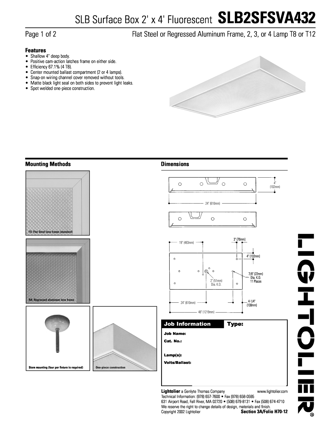 Lightolier dimensions SLB Surface Box 2 x 4 Fluorescent SLB2SFSVA432, Page 1 of, Features, Mounting Methods, Dimensions 