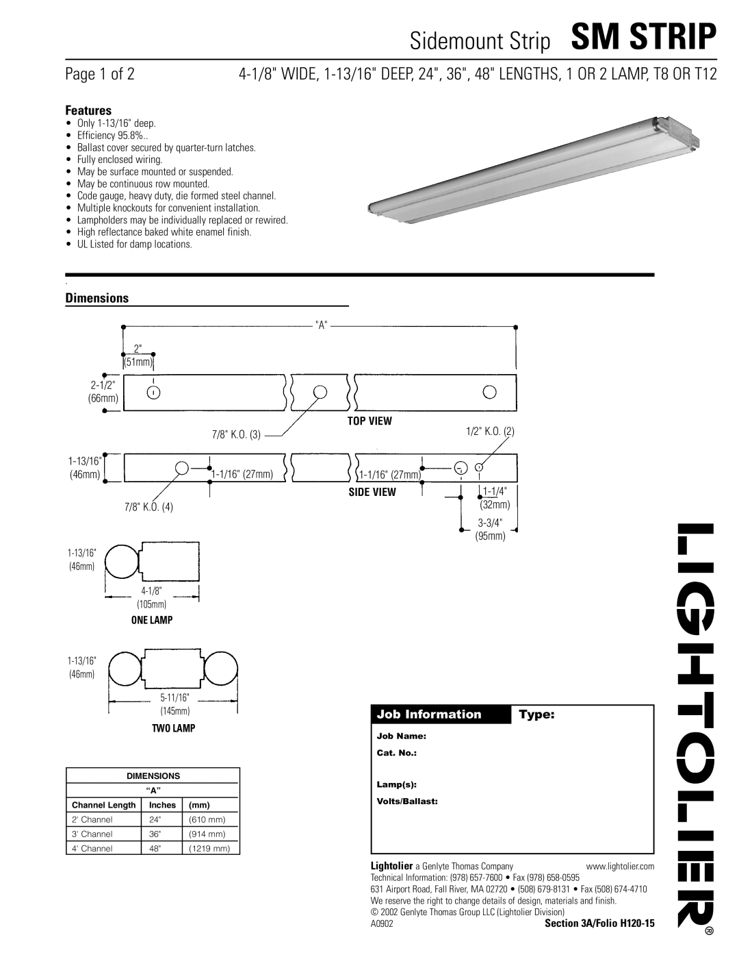 Lightolier SM STRIP dimensions Sidemount Strip SM Strip 