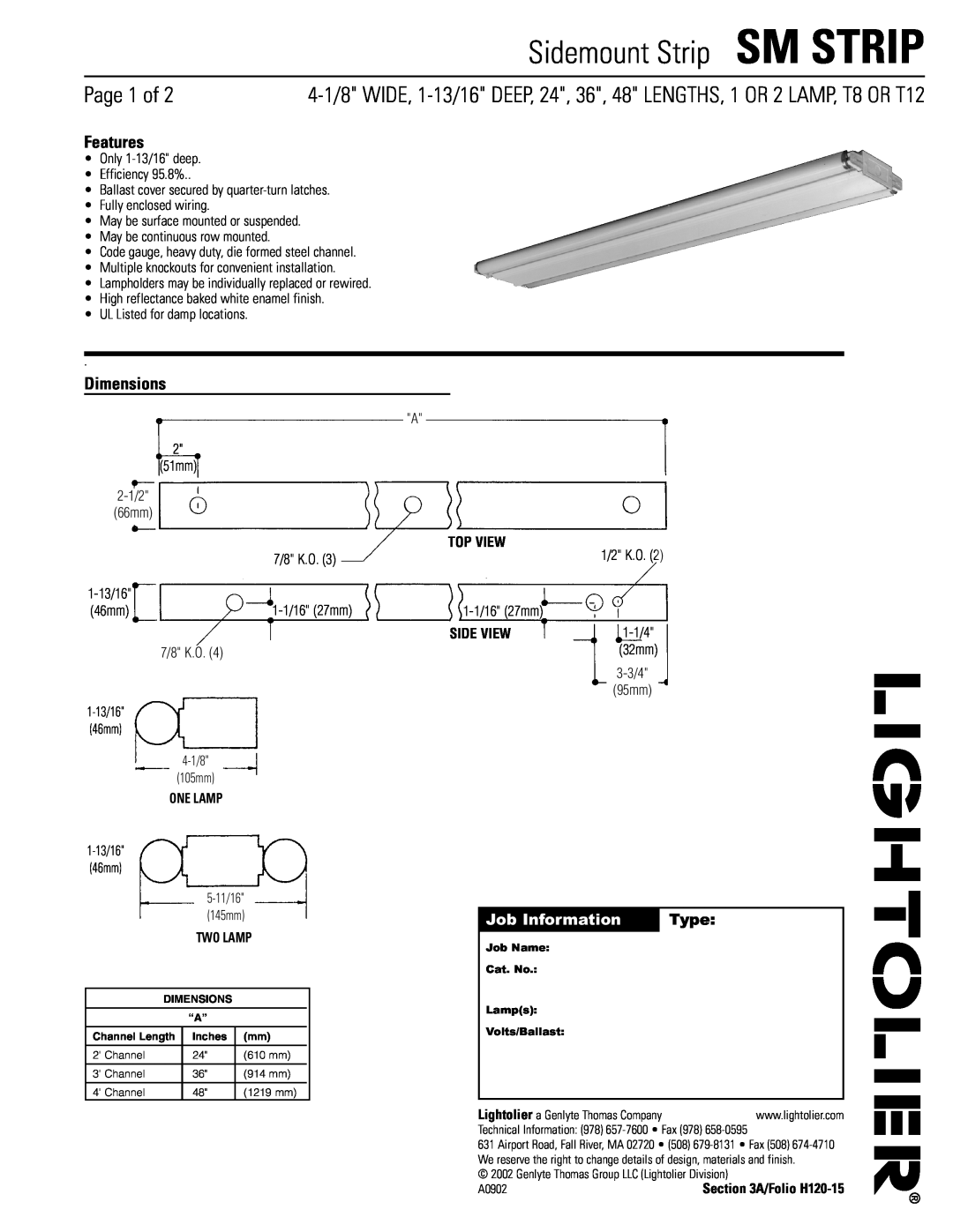 Lightolier dimensions Features, Dimensions, Job Information, Type, Sidemount Strip SM STRIP, Page 1 of, Two Lamp 
