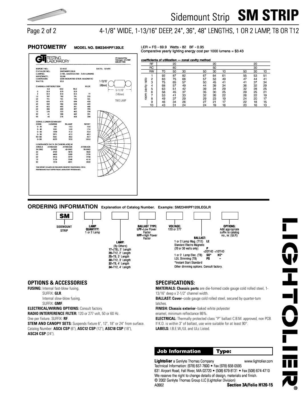 Lightolier SM STRIP Page 2 of, Options & Accessories, Specifications, Sm Strip, Sidemount Strip, Photometry, Type 