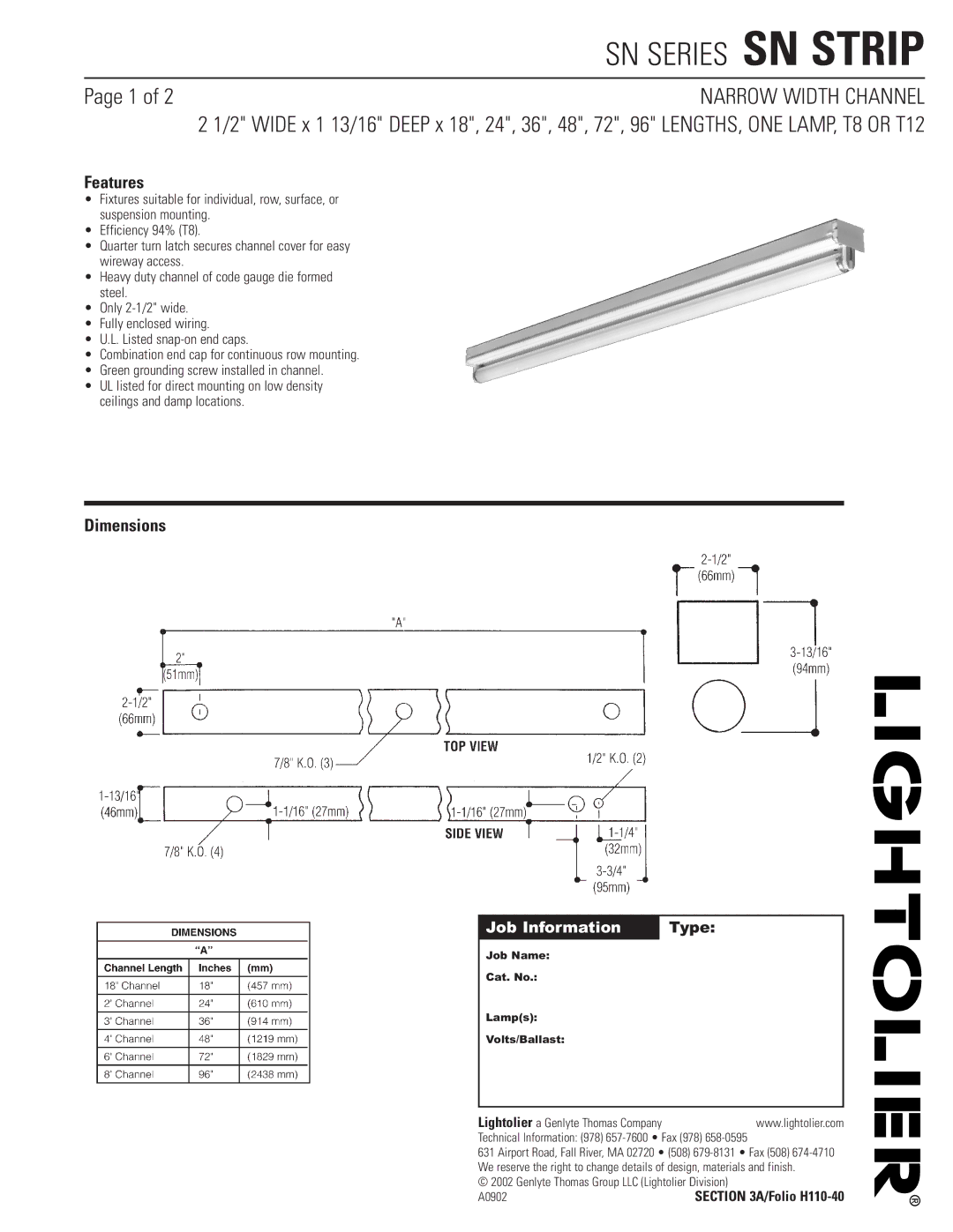 Lightolier SN STRIP dimensions Features, Dimensions, Job Information Type 