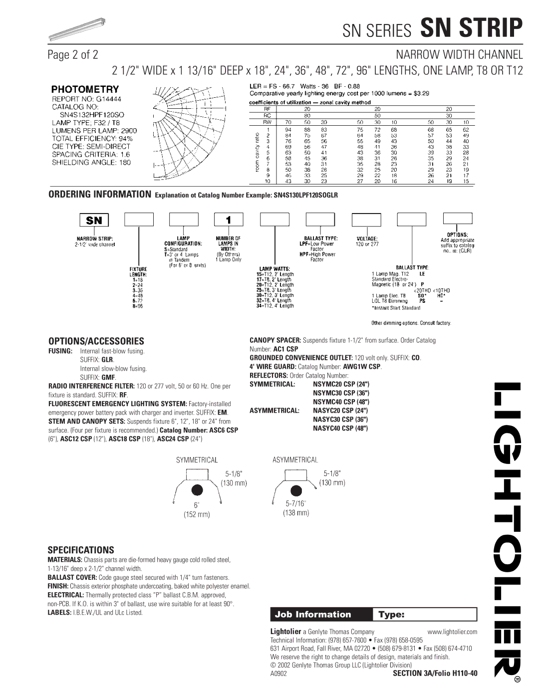 Lightolier SN STRIP dimensions Options/Accessories, Specifications, Job Information 