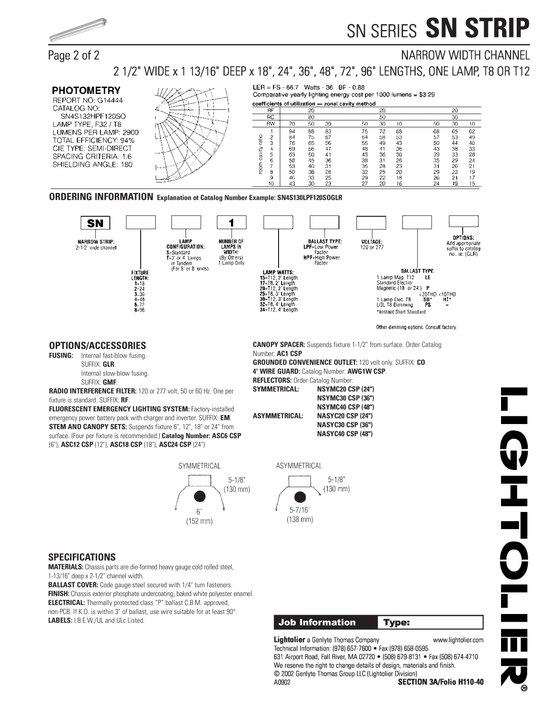 Lightolier SN STRIP Page 2 of, Options/Accessories, Specifications, Sn Series Sn Strip, Narrow Width Channel, Type 