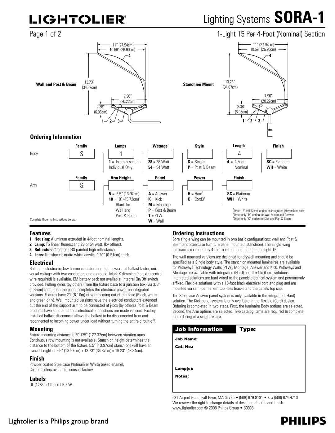 Lightolier SORA-1 manual Ordering Information, Features, Electrical, Mounting, Finish, Labels, Ordering Instructions 