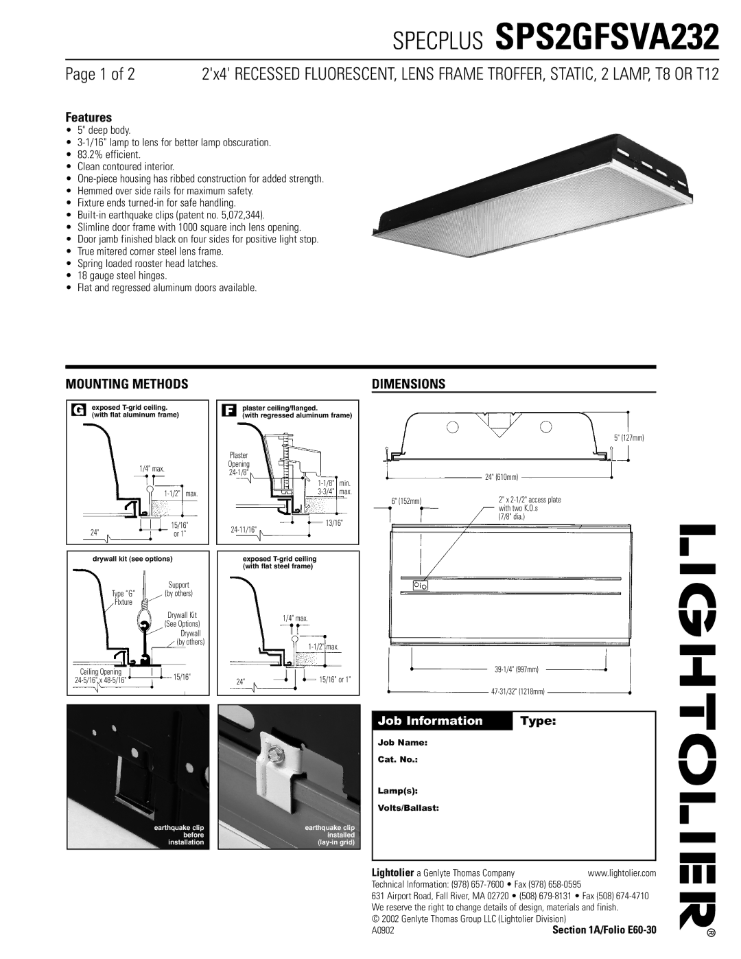 Lightolier SPS2GFSVA232 dimensions Mounting Methods, Dimensions 