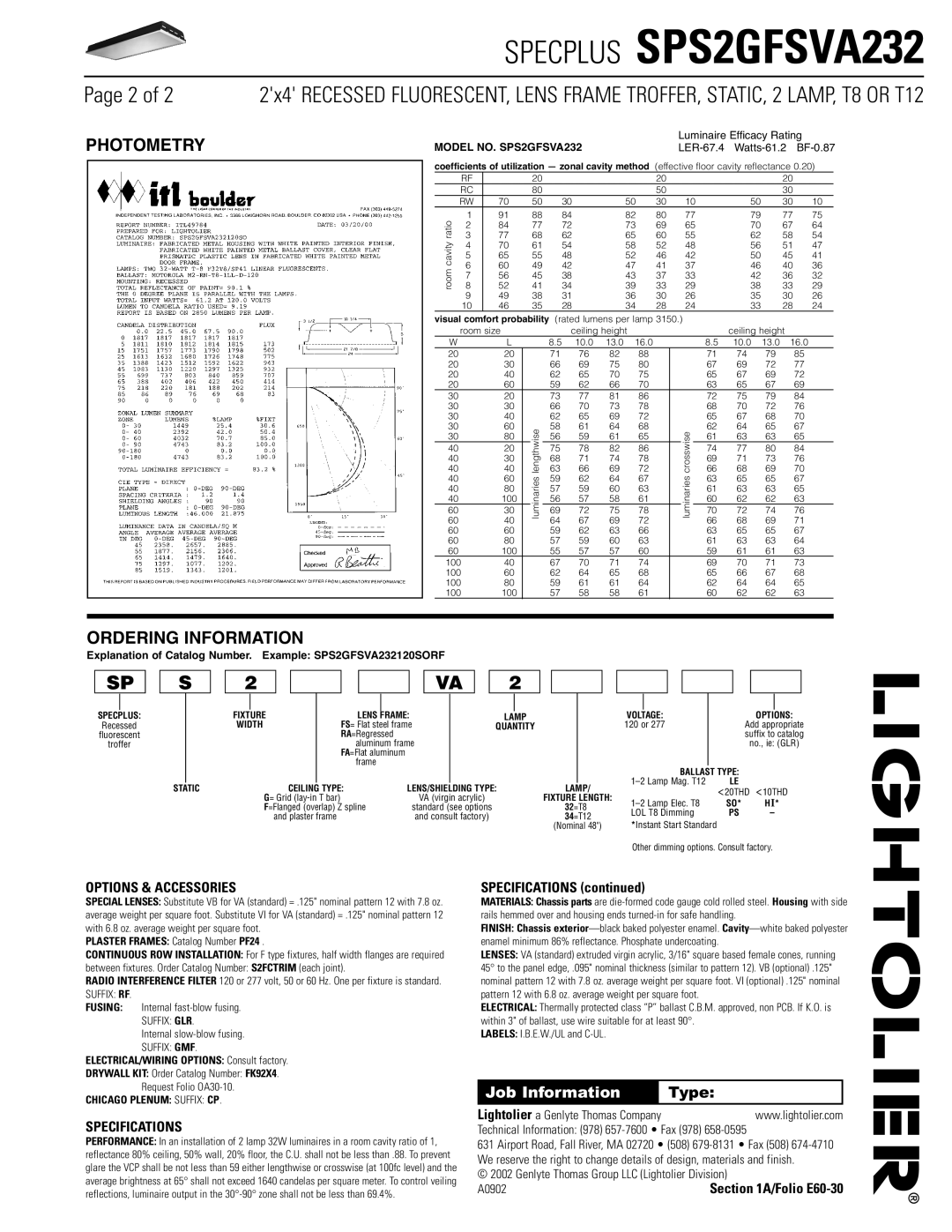 Lightolier dimensions Photometry, Ordering Information, Explanation of Catalog Number. Example SPS2GFSVA232120SORF 