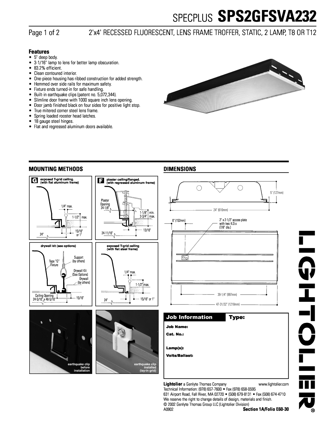 Lightolier dimensions SPECPLUS SPS2GFSVA232, Page 1 of, Features, Mounting Methods, Dimensions, Job Information, Type 