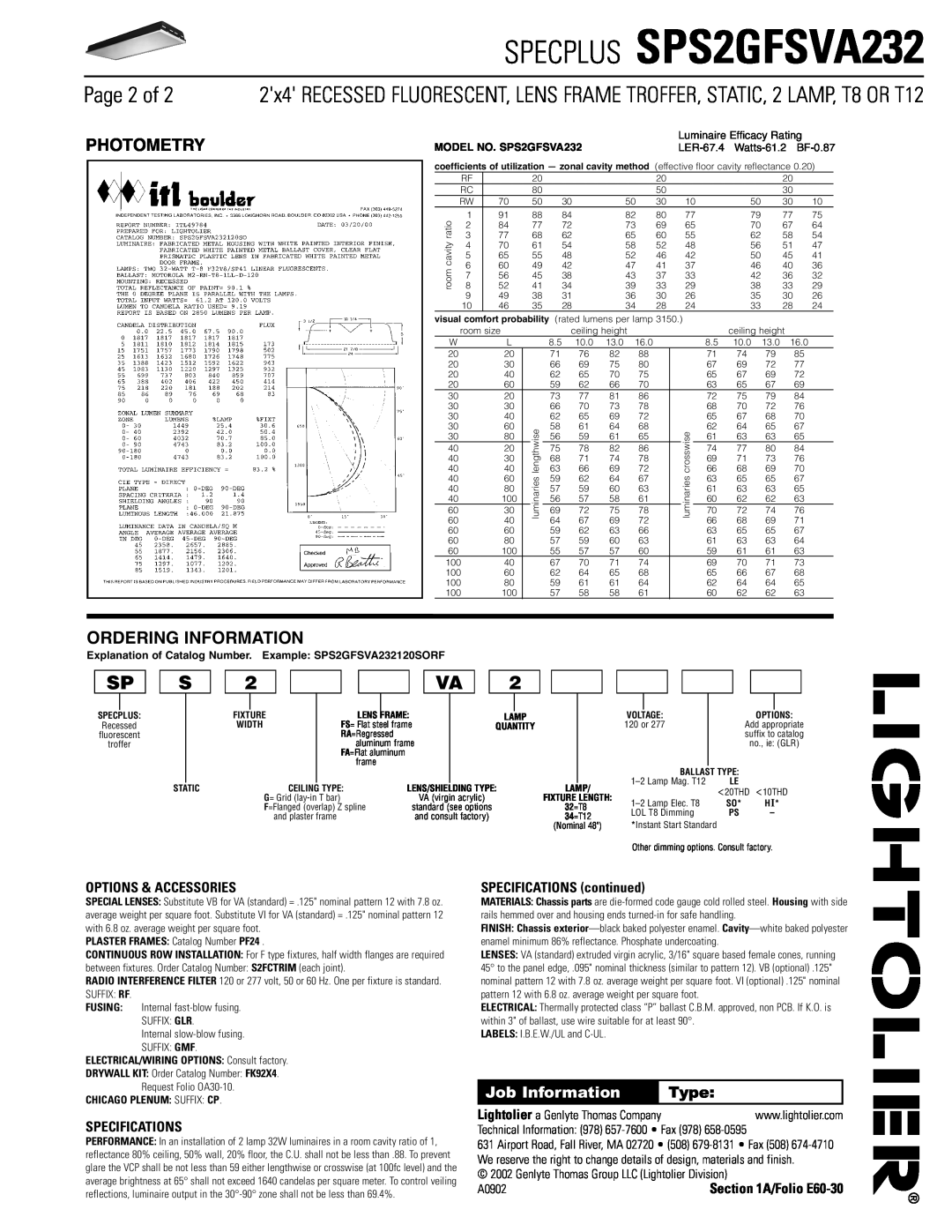 Lightolier Page 2 of, Photometry, Ordering Information, SPECPLUS SPS2GFSVA232, Job Information, Type, Specifications 