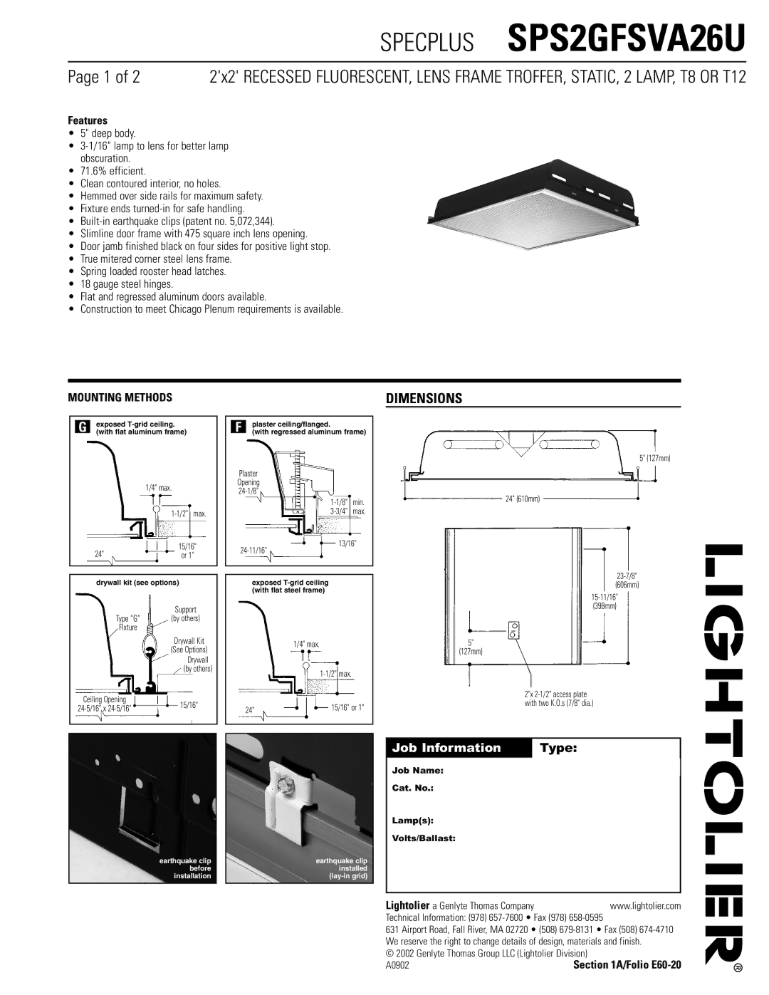 Lightolier SPS2GFSVA26U dimensions Dimensions, Mounting Methods, Job Name Cat. No Lamps Volts/Ballast 