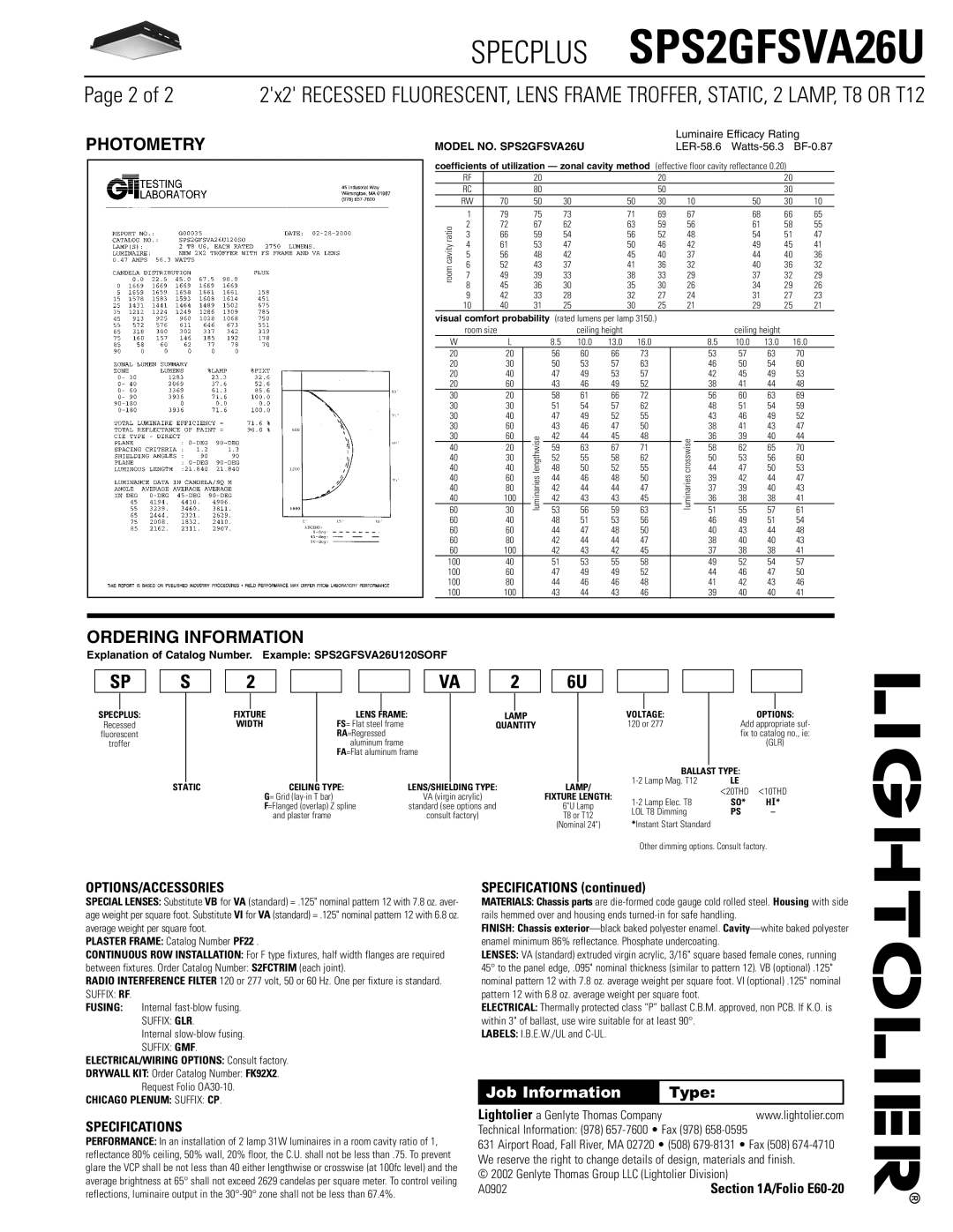 Lightolier SPS2GFSVA26U dimensions Photometry, Ordering Information, Options/Accessories, Specifications 