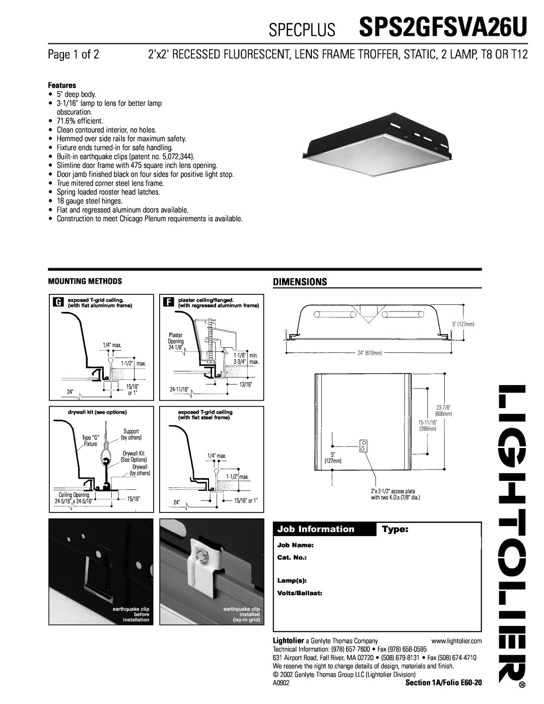 Lightolier dimensions SPECPLUS SPS2GFSVA26U, Page 1 of, Dimensions, Job Information, Type, Features, Mounting Methods 