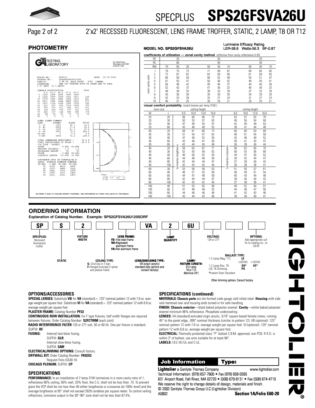 Lightolier SPS2GFSVA26U Page 2 of, Photometry, Ordering Information, Options/Accessories, Specifications, Job Information 