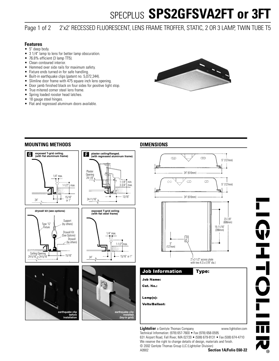 Lightolier SPS2GFSVA3FT, SPS2GFSVA2FT dimensions Max, 15/16, Support, By others, Job Name Cat. No Lamps Volts/Ballast 