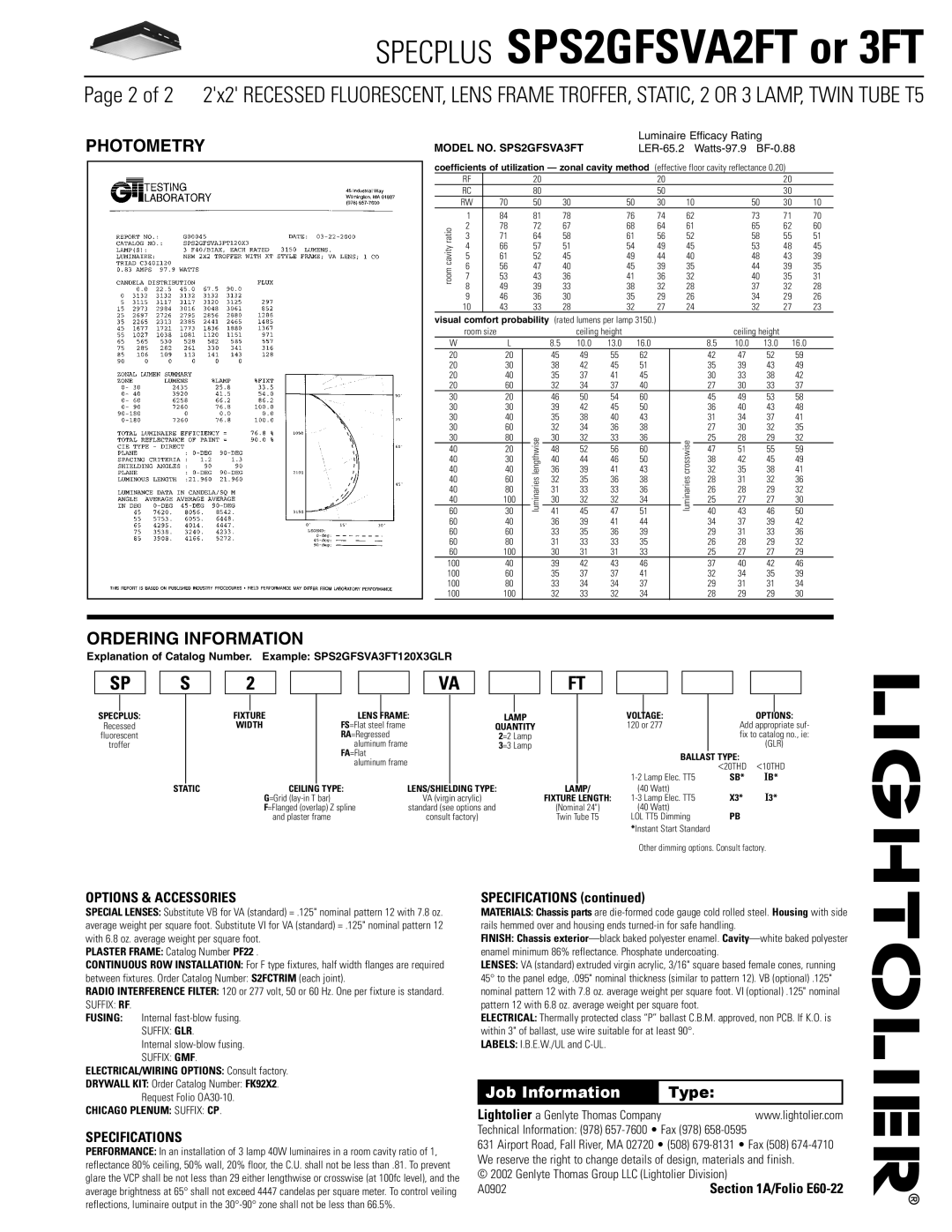 Lightolier SPS2GFSVA2FT, SPS2GFSVA3FT Plaster Frame Catalog Number PF22, ELECTRICAL/WIRING Options Consult factory 