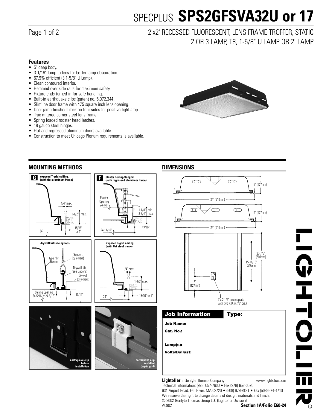 Lightolier SPS2GFSVA32U dimensions Mounting Methods, Dimensions, Job Name Cat. No Lamps Volts/Ballast 