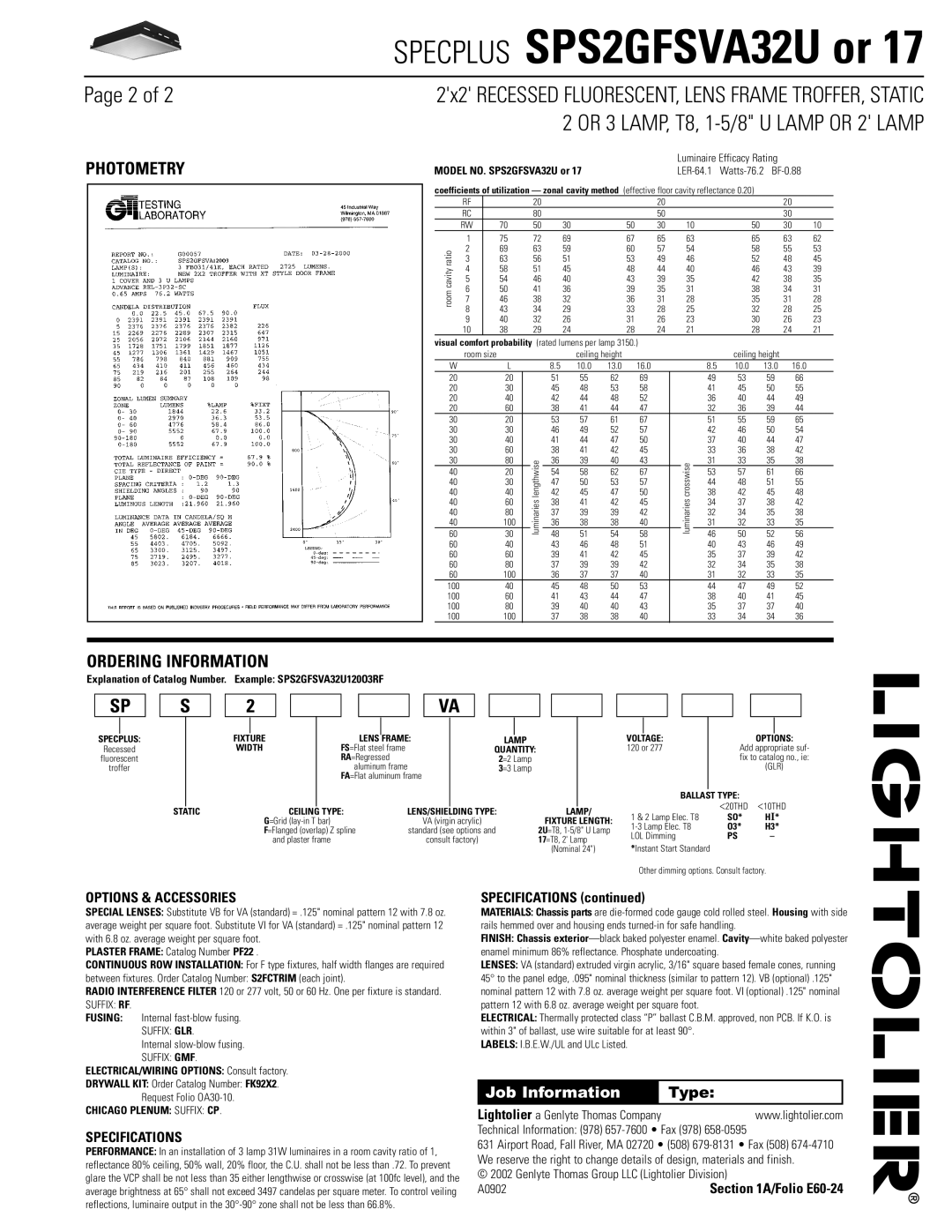 Lightolier dimensions Photometry, Ordering Information, Explanation of Catalog Number. Example SPS2GFSVA32U120O3RF 