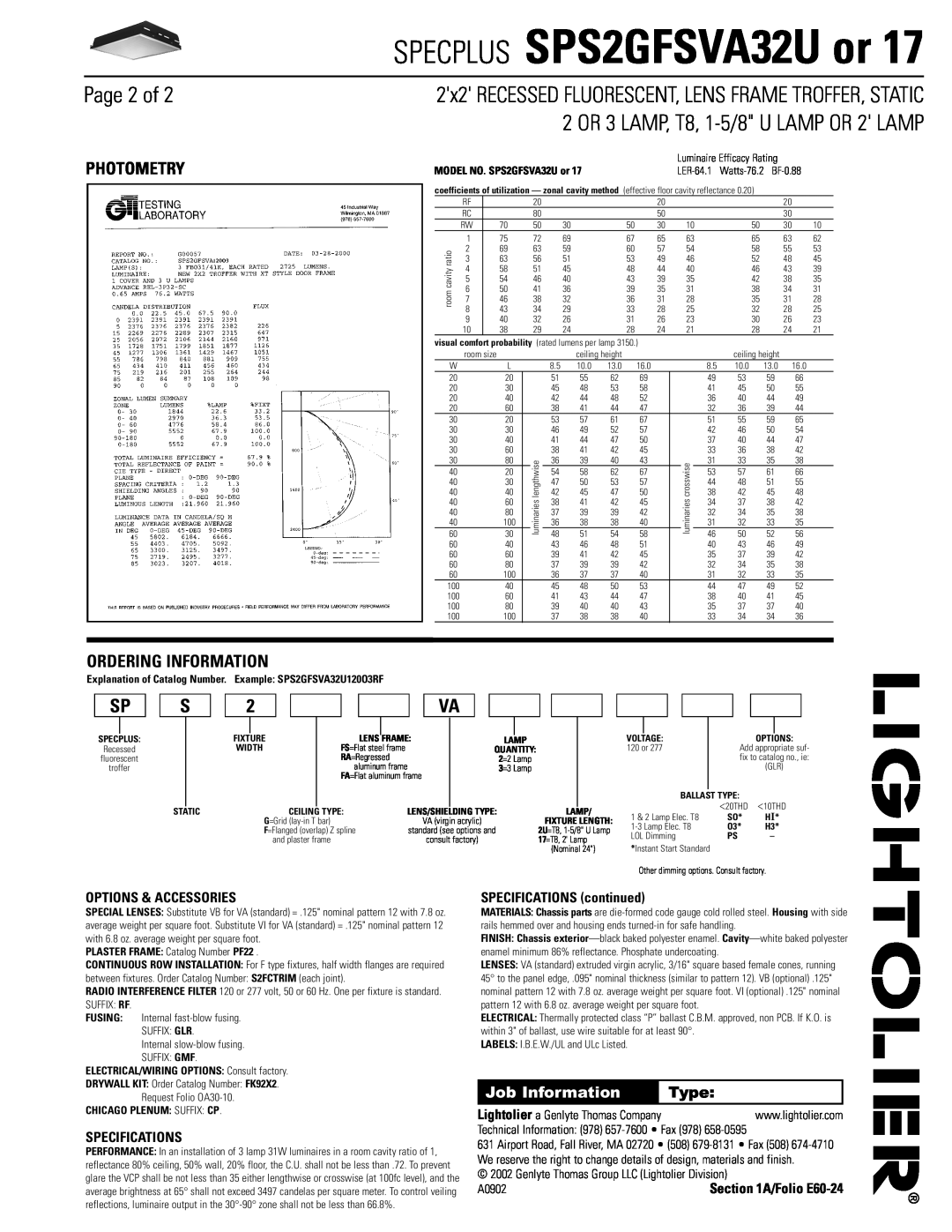 Lightolier Page 2 of, Photometry, Ordering Information, SPECPLUS SPS2GFSVA32U or, Job Information, Type, Specifications 
