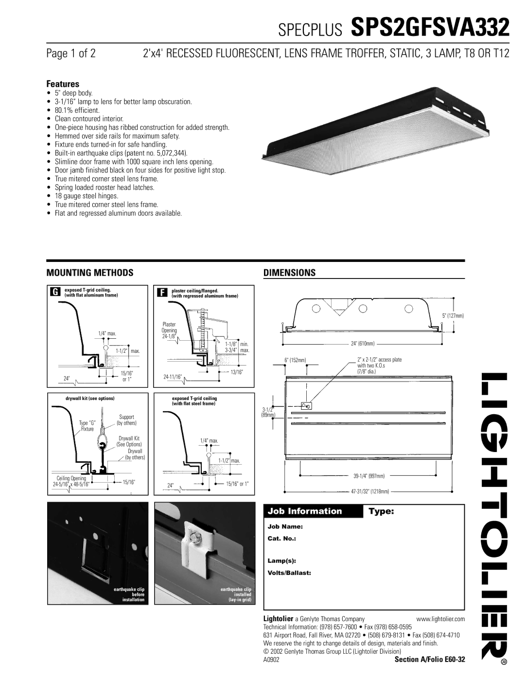 Lightolier SPS2GFSVA332 dimensions Mounting Methods, Dimensions, Job Name Cat. No Lamps Volts/Ballast 