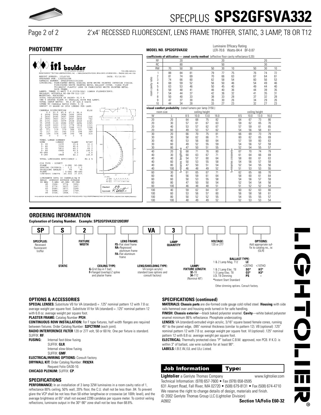 Lightolier dimensions Photometry, Ordering Information, Explanation of Catalog Number. Example SPS2GFSVA332120O3RF 