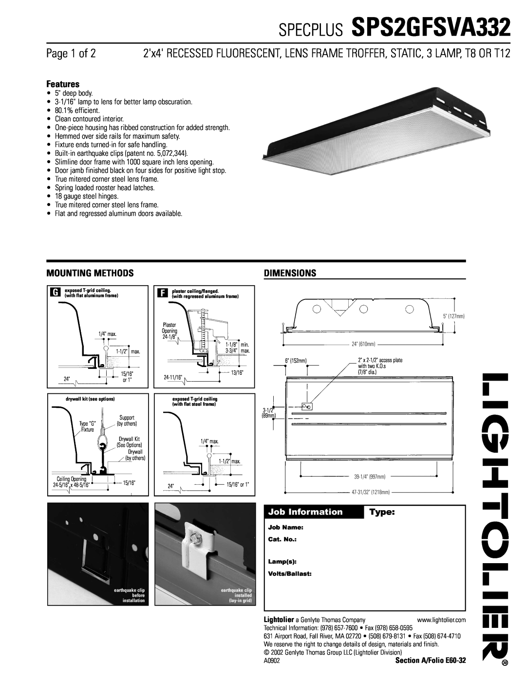 Lightolier dimensions SPECPLUS SPS2GFSVA332, Page 1 of, Features, Mounting Methods, Dimensions, Job Information, Type 